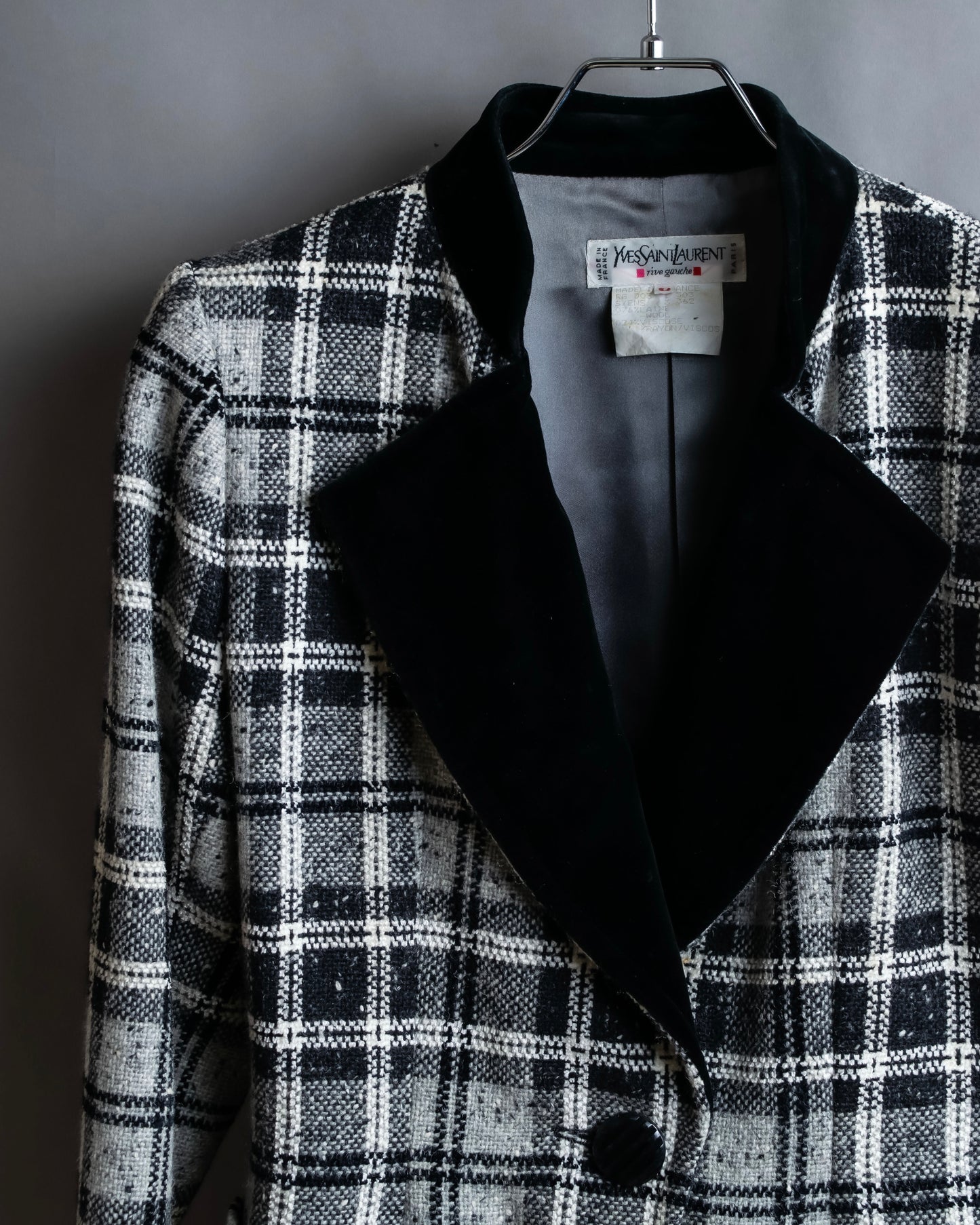 "YVES SAINT LAURENT" Monotone Madras check pattern shaped tailored jacket