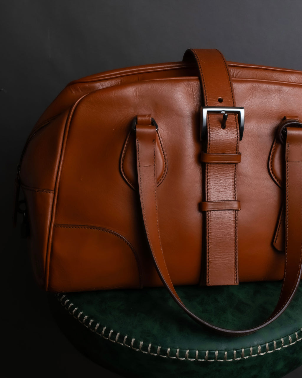"PRADA" Belt flap detail rounded boston leather bag