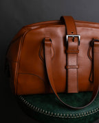 "PRADA" Belt flap detail rounded boston leather bag