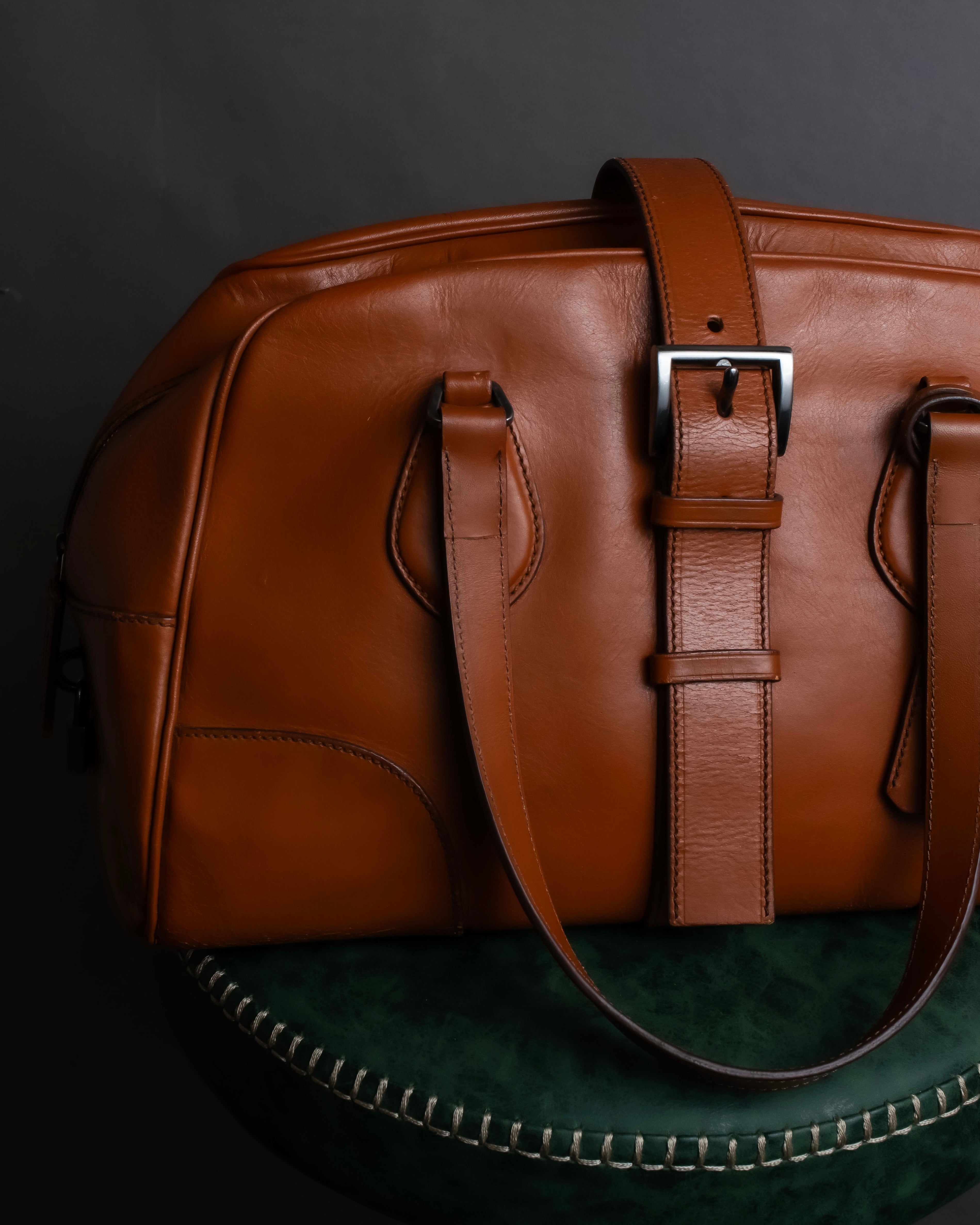 "PRADA" Belt flap detail rounded boston leather bag
