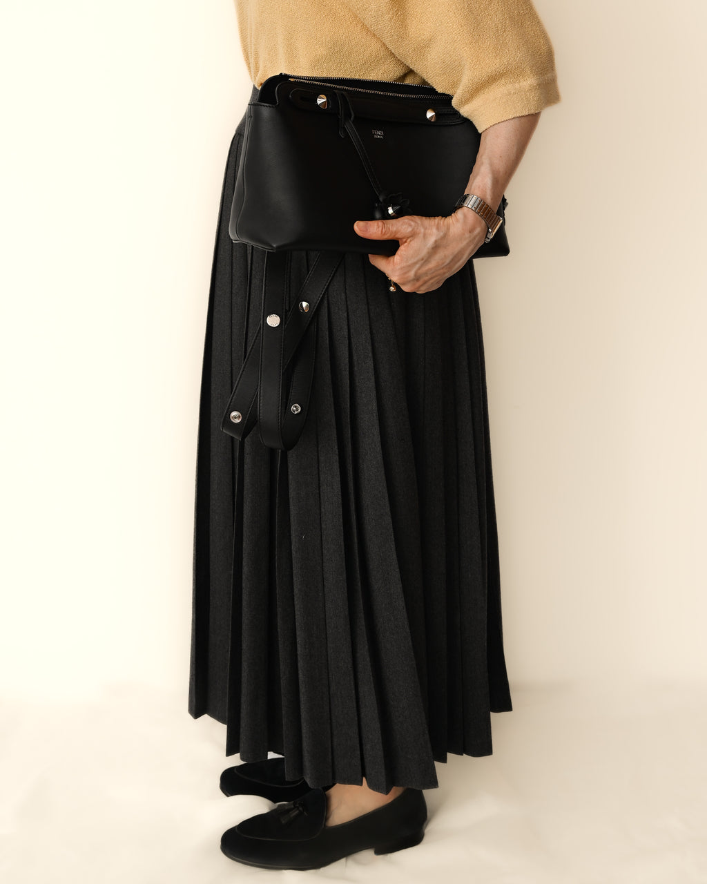 Christian Dior (SAMPLE)/ Archived Pure Wool Luxury Long Pleats Skirt Gray