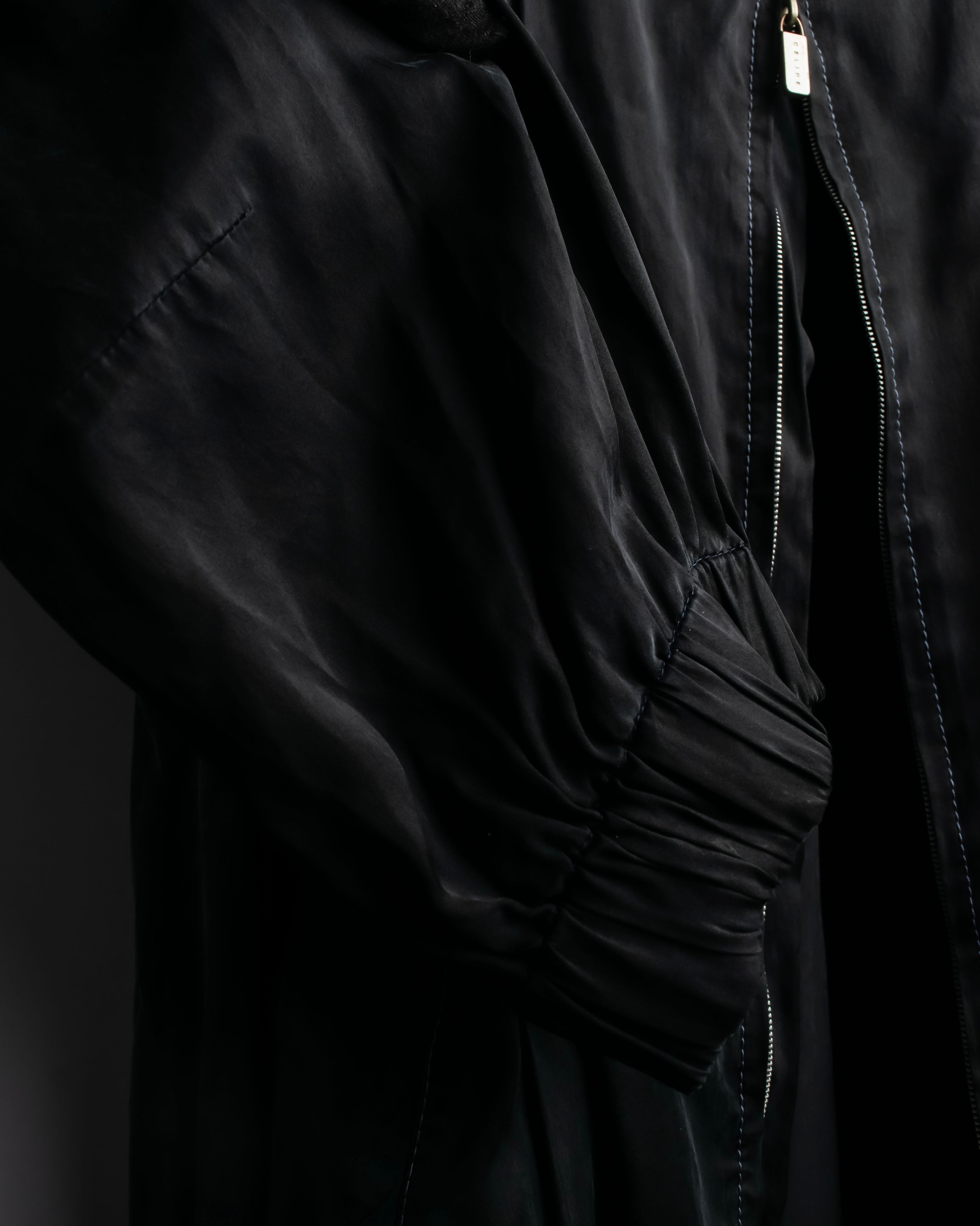 "CELINE" Gathered design hooded double zipper dress