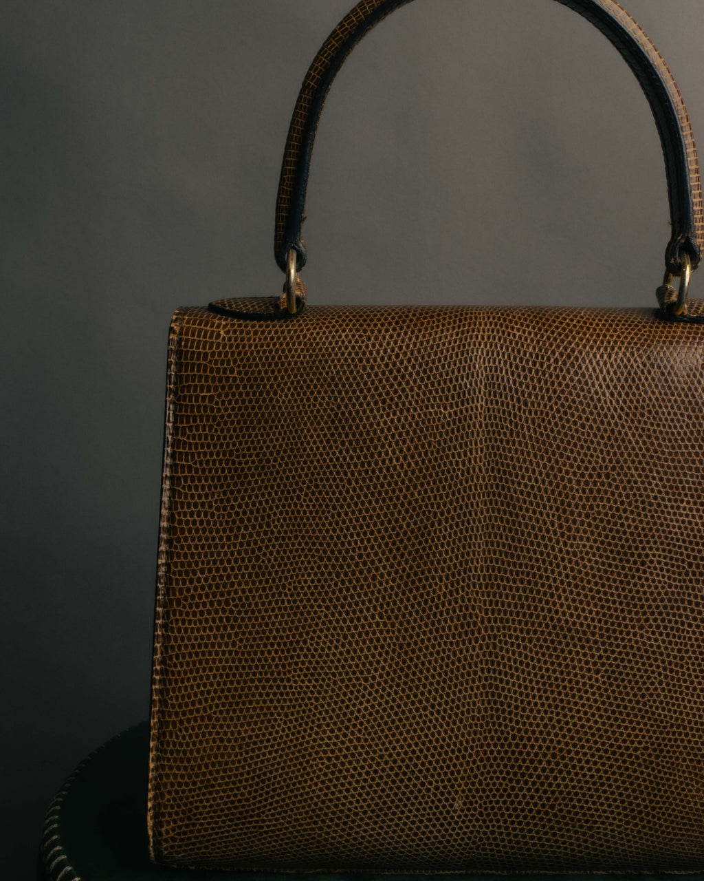 "CELINE" 70's-80's Structured lizard embossed leather top handle handbag