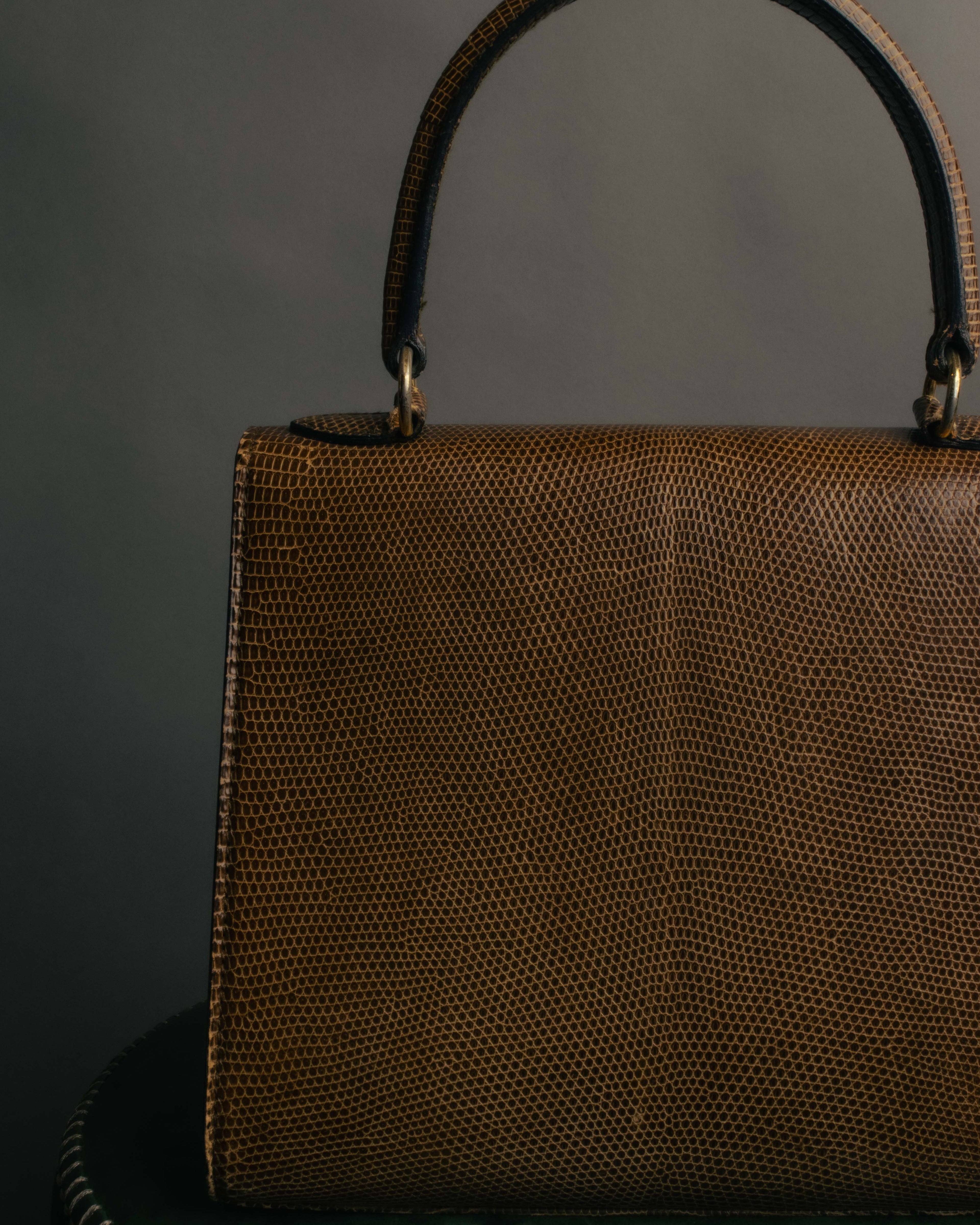 "CELINE" 70's-80's Structured lizard embossed leather top handle handbag