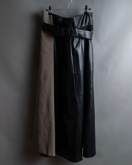 "ADORE" Synthetic leather docking belted maxi length flared skirt