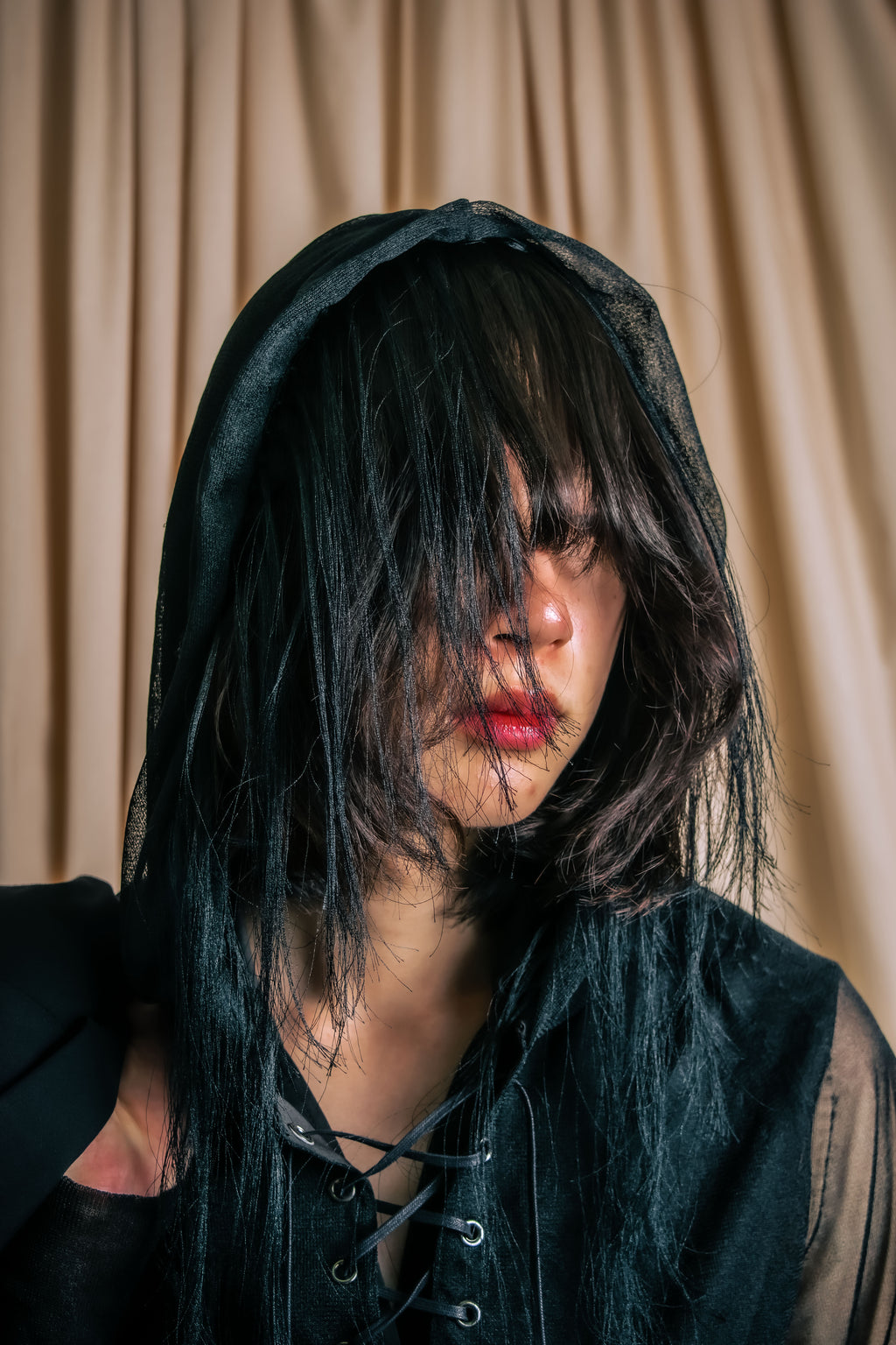 "sacai" Wig design sheer hooded pullover