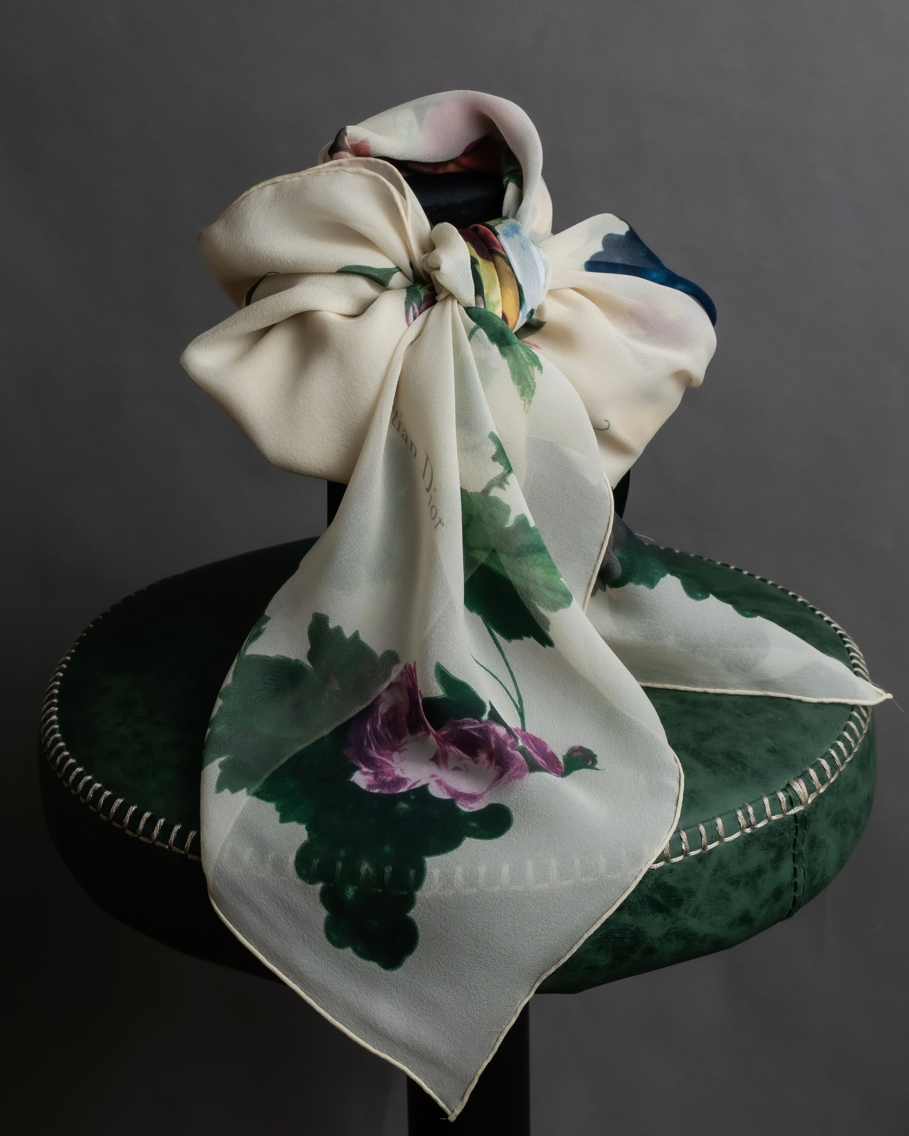 "Christian Dior" Wreath floral design silk scarf