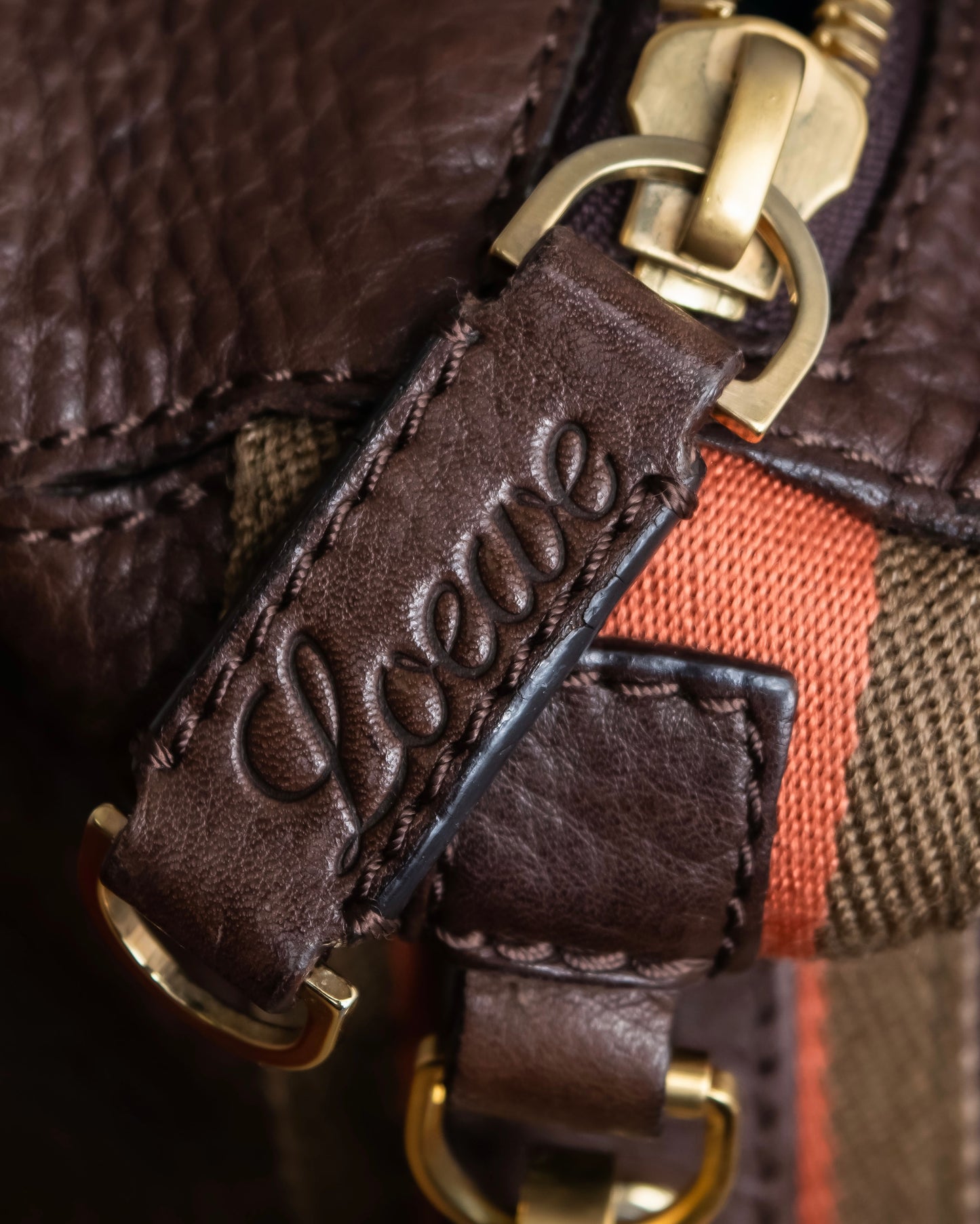 "LOEWE" Orange stitch design engraved logo leather boston bag