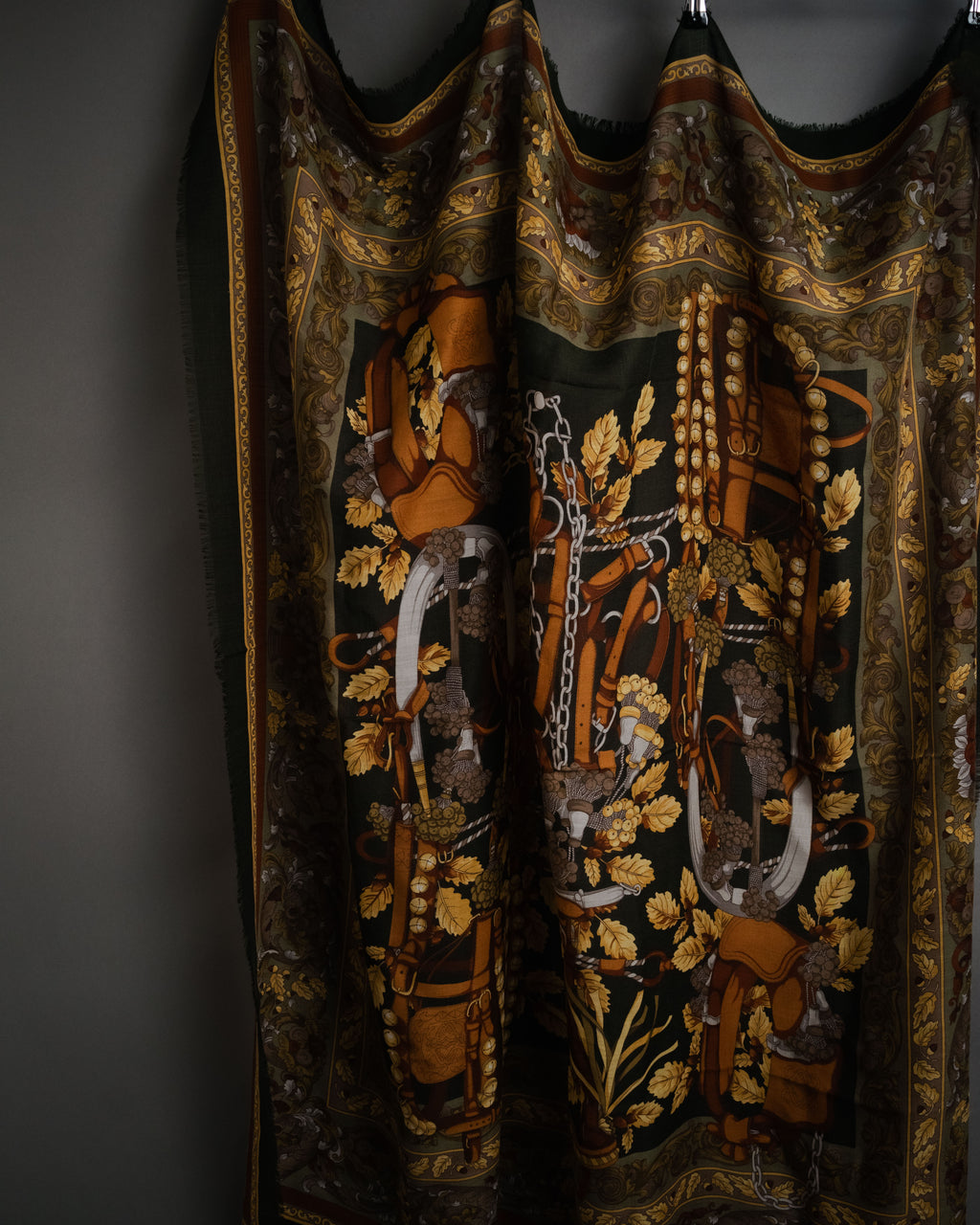 “LOEWE” 90’s–00’s Equestrian motif wool silk fringe scarf