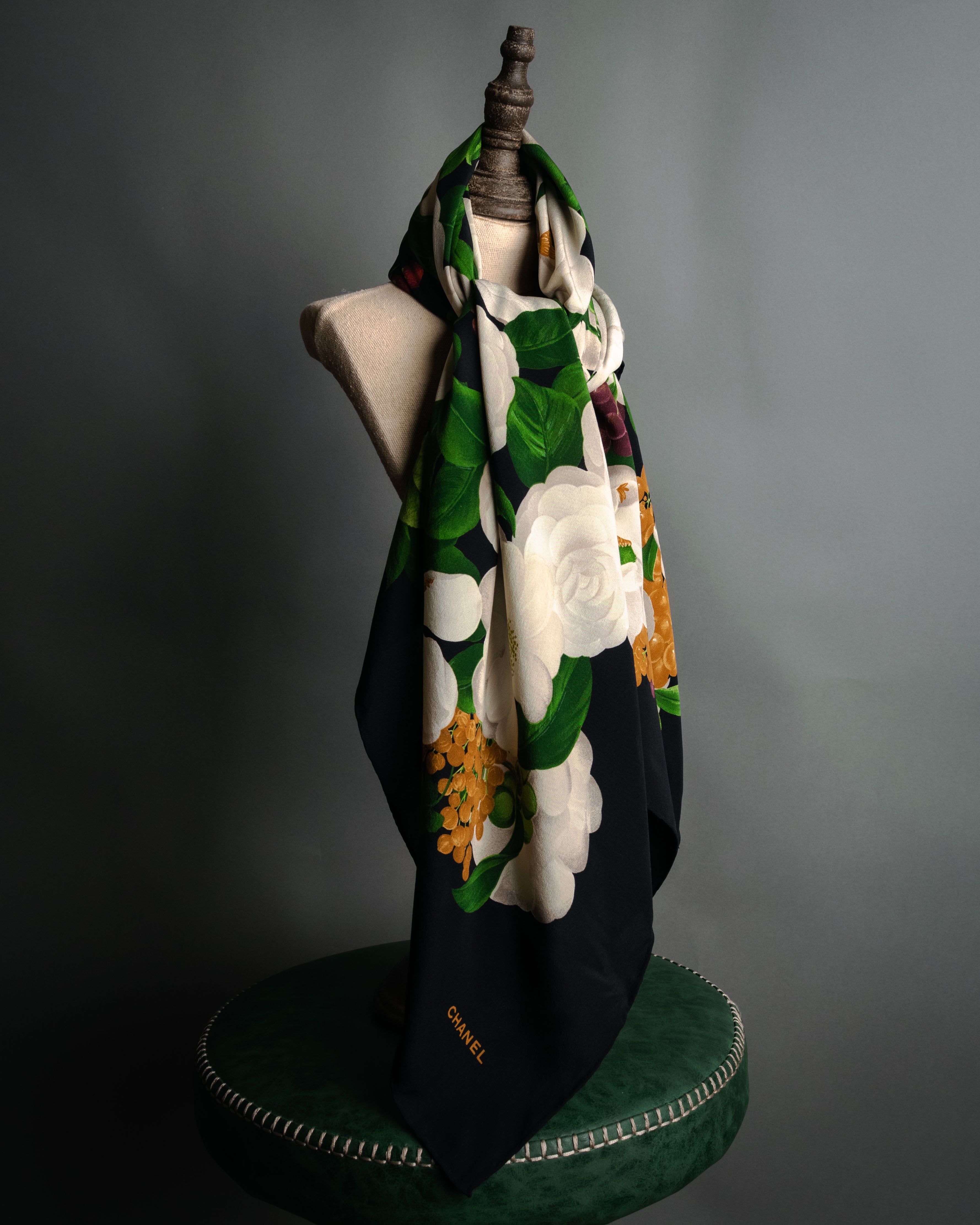 SPECIAL- “CHANEL” 80's-90's camellia fruit printed silk scarf – MOOD