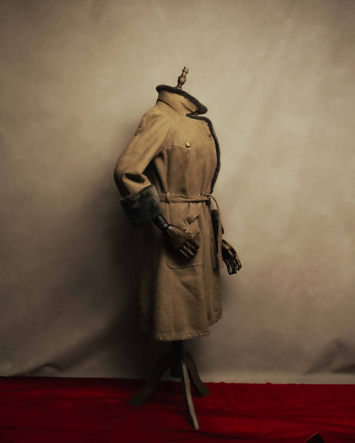 “LOEWE” 70’s-early 90’s Suede shearling belted long coat