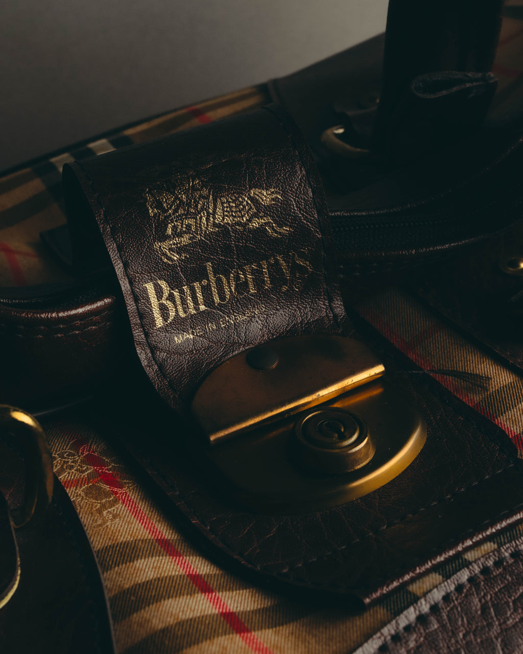 -SPECIAL- "Burberrys" 80's-90's Classic check textured leather boston bag
