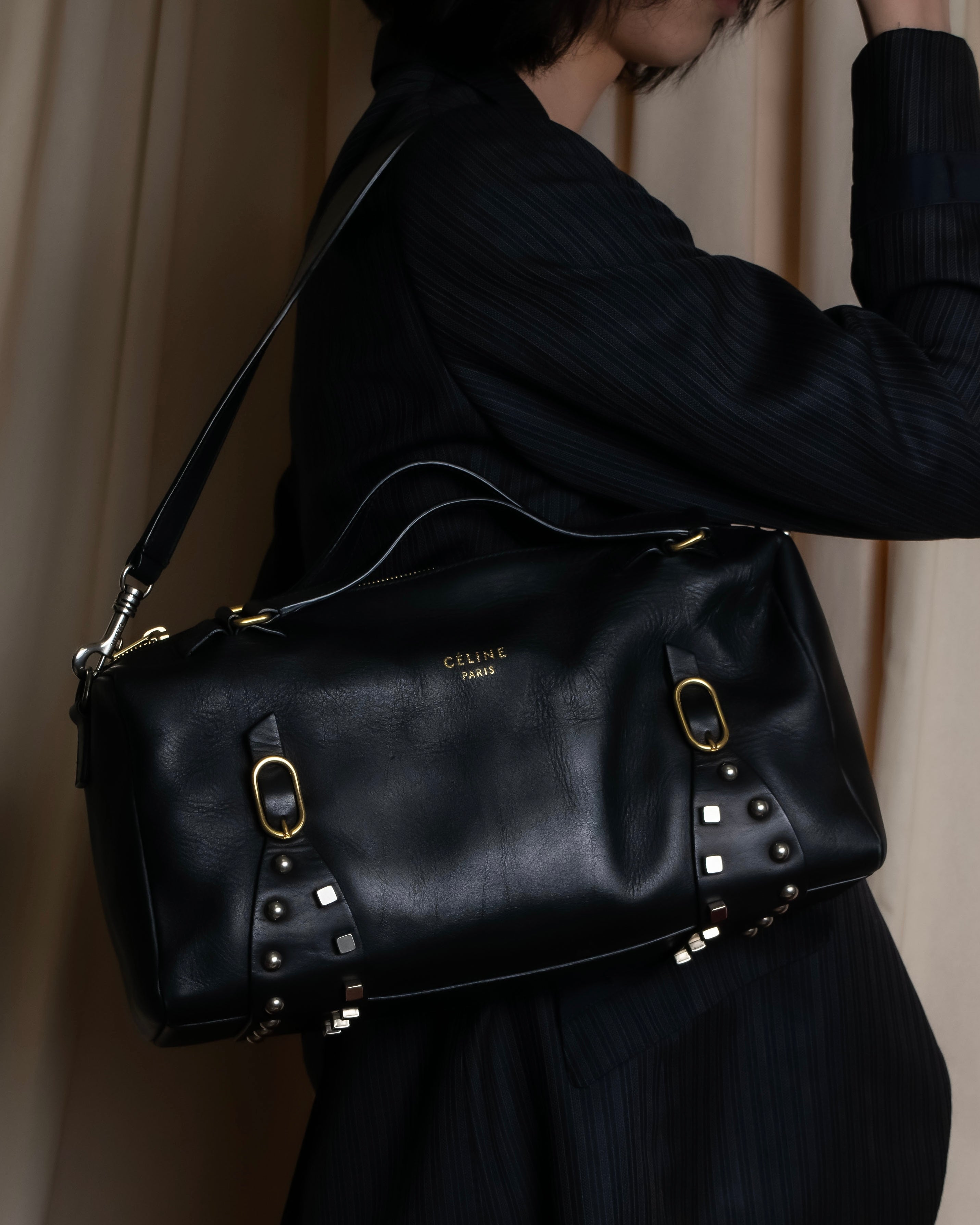 "CELINE" Various studs horizontal leather 2way bag