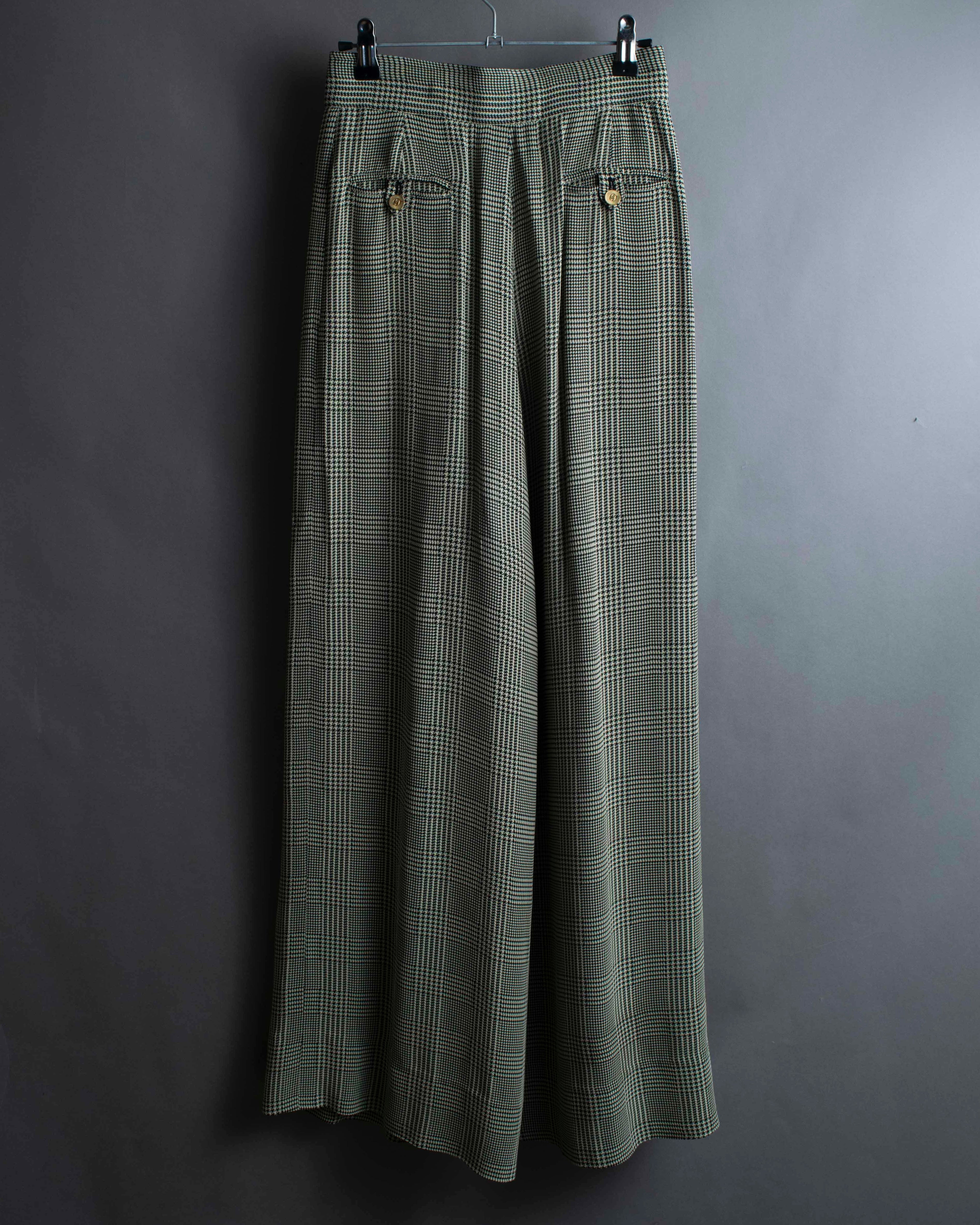 "CHANEL" Coco mark button fly detail houndstooth pattern wide slacks