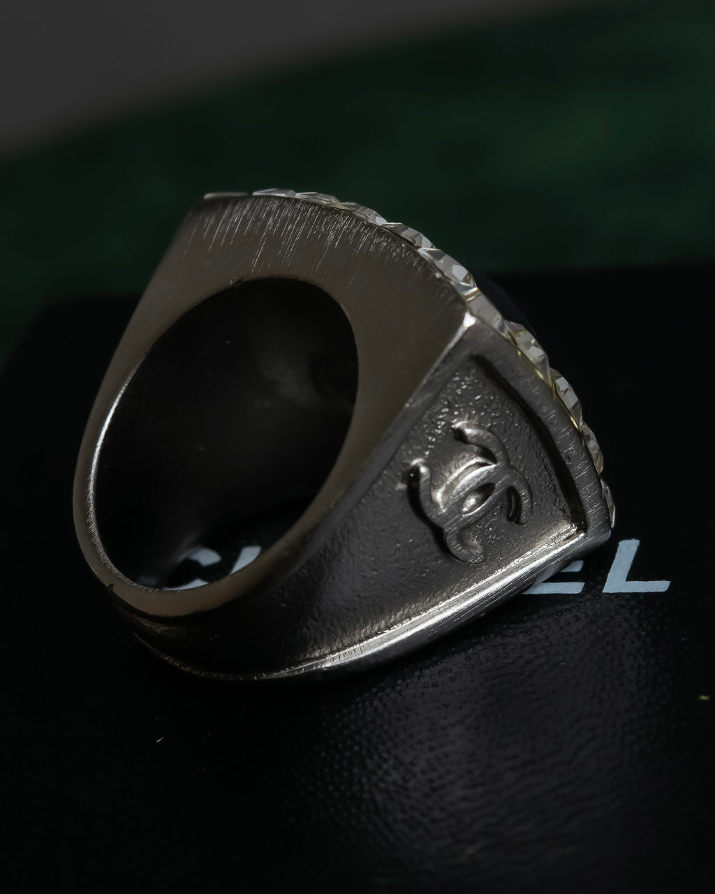 "CHANEL" 00AW Karl Lagerfeld period clear stone design logo engraved ring