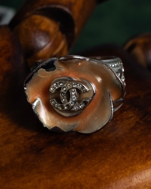 "CHANEL" Camellia motif rhinestone logo design ring