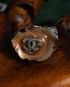 "CHANEL" Camellia motif rhinestone logo design ring