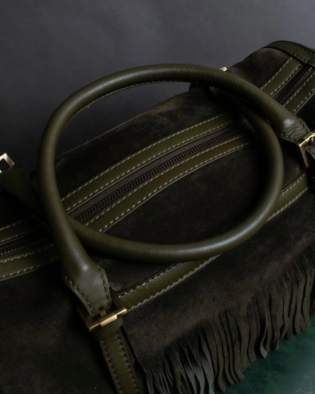 "BURBERRY" Olive green fringe design boston bag