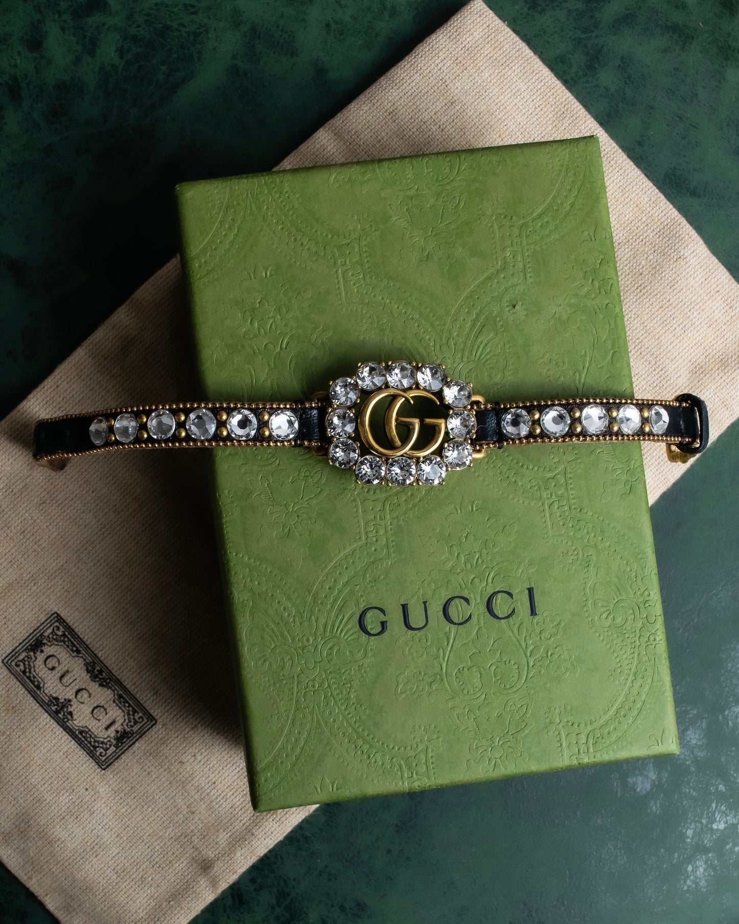 "GUCCI" Double G motif rhinestone leather bracelet