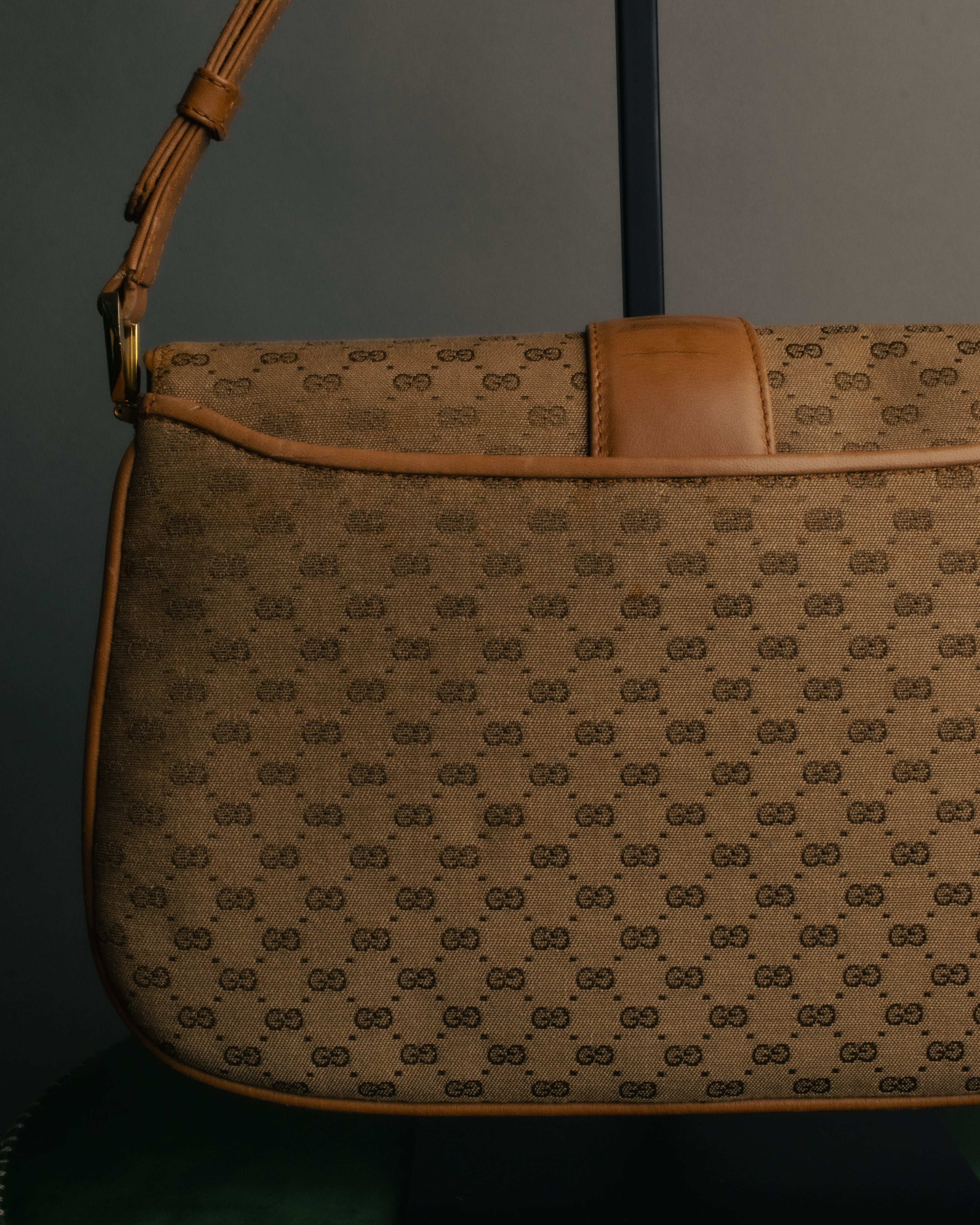 "GUCCI" 70's-80's Micro GG monogram canvas shoulder bag with stirrup hardware