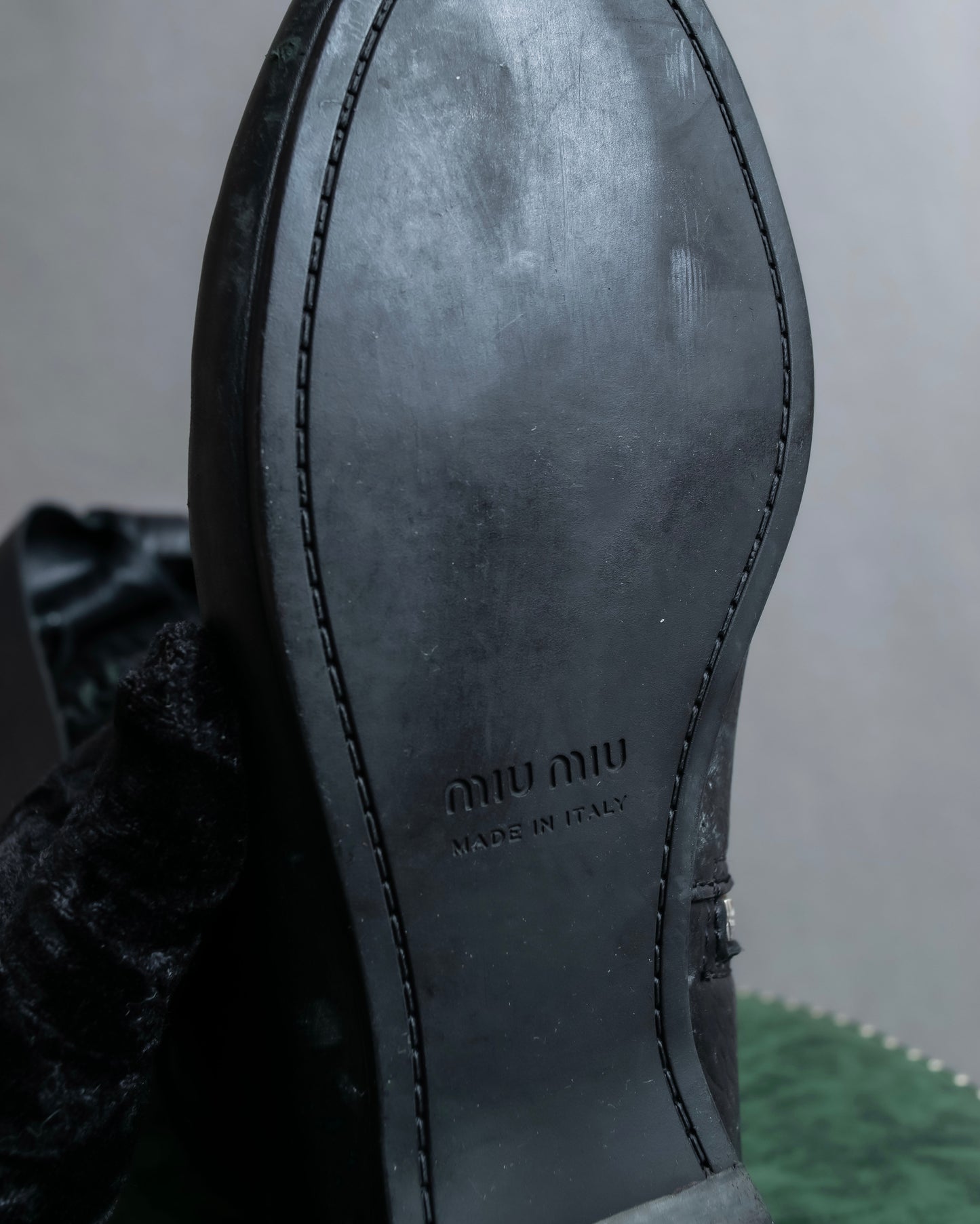 "MIU MIU" Gathered＆ribbon design zip-up leather long boots