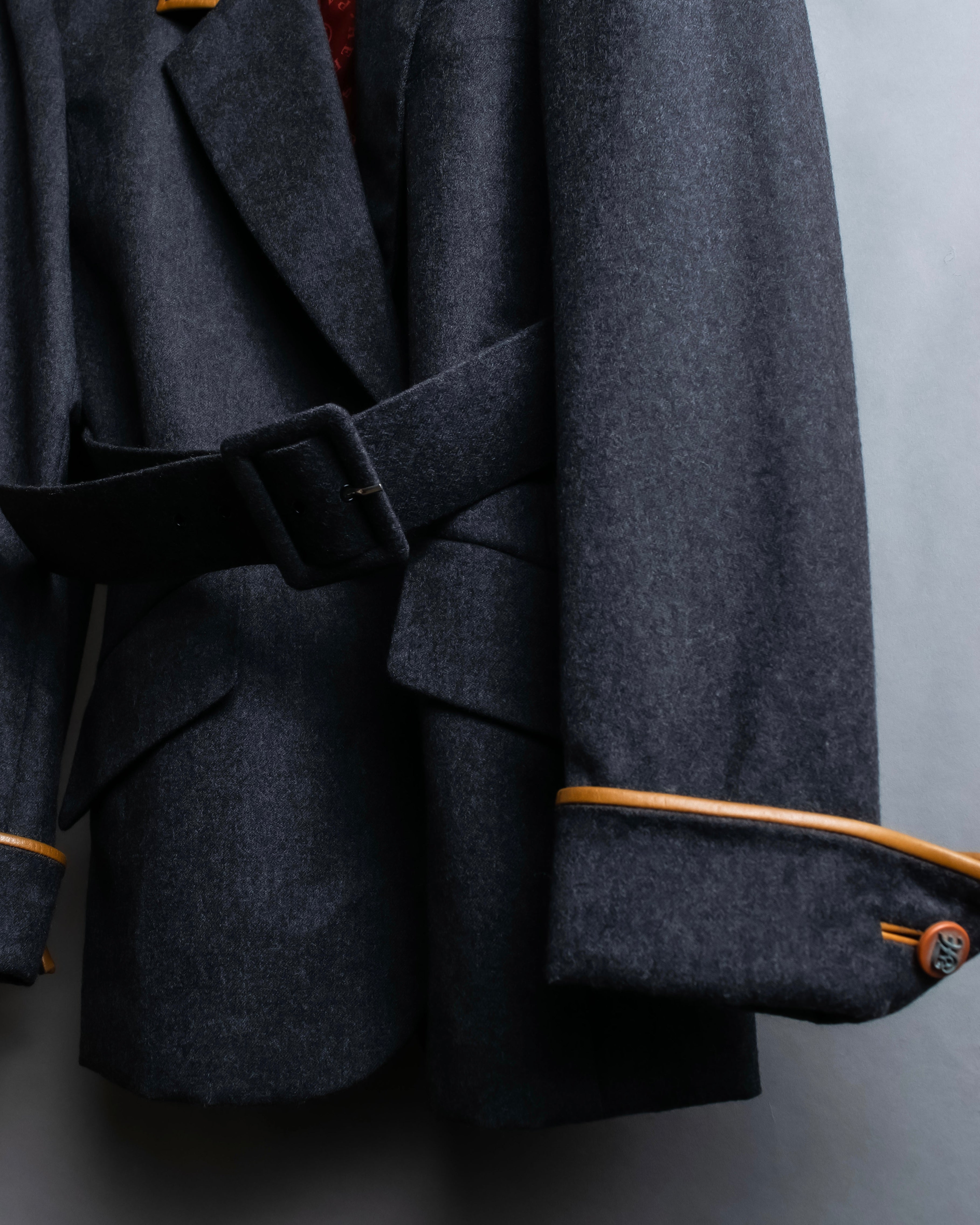 "HERMES" Vintage leather piping design belted tailored jacket