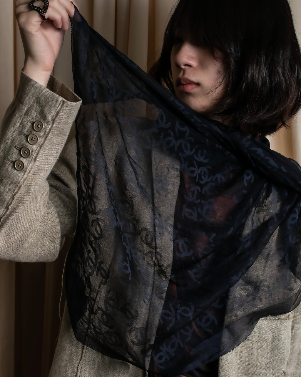 "CHANEL" Coco Mark scattered sheer large scarf