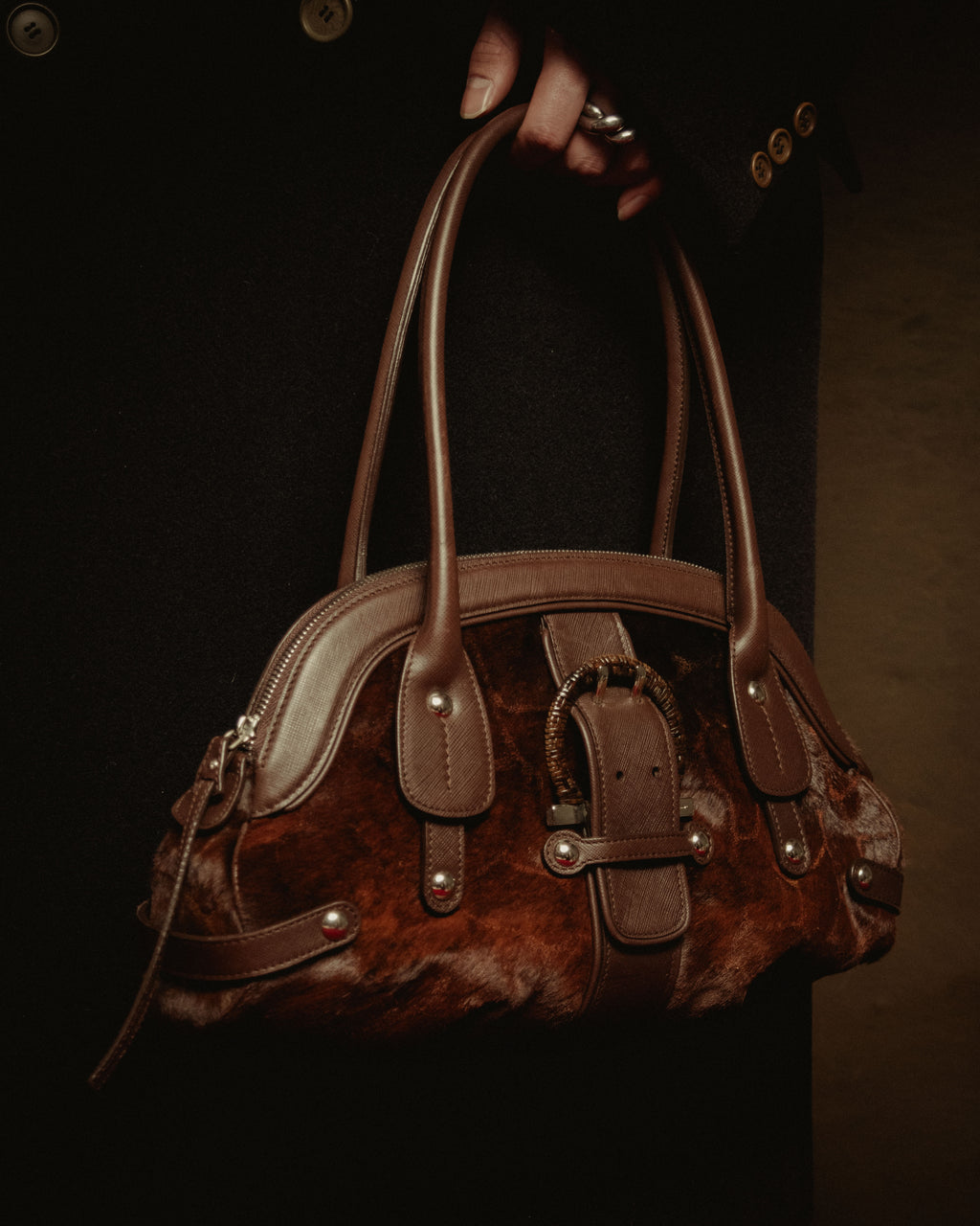 –SPECIAL– "Salvatore Ferragamo" 00’s calf hair gancini rattan accent handbag