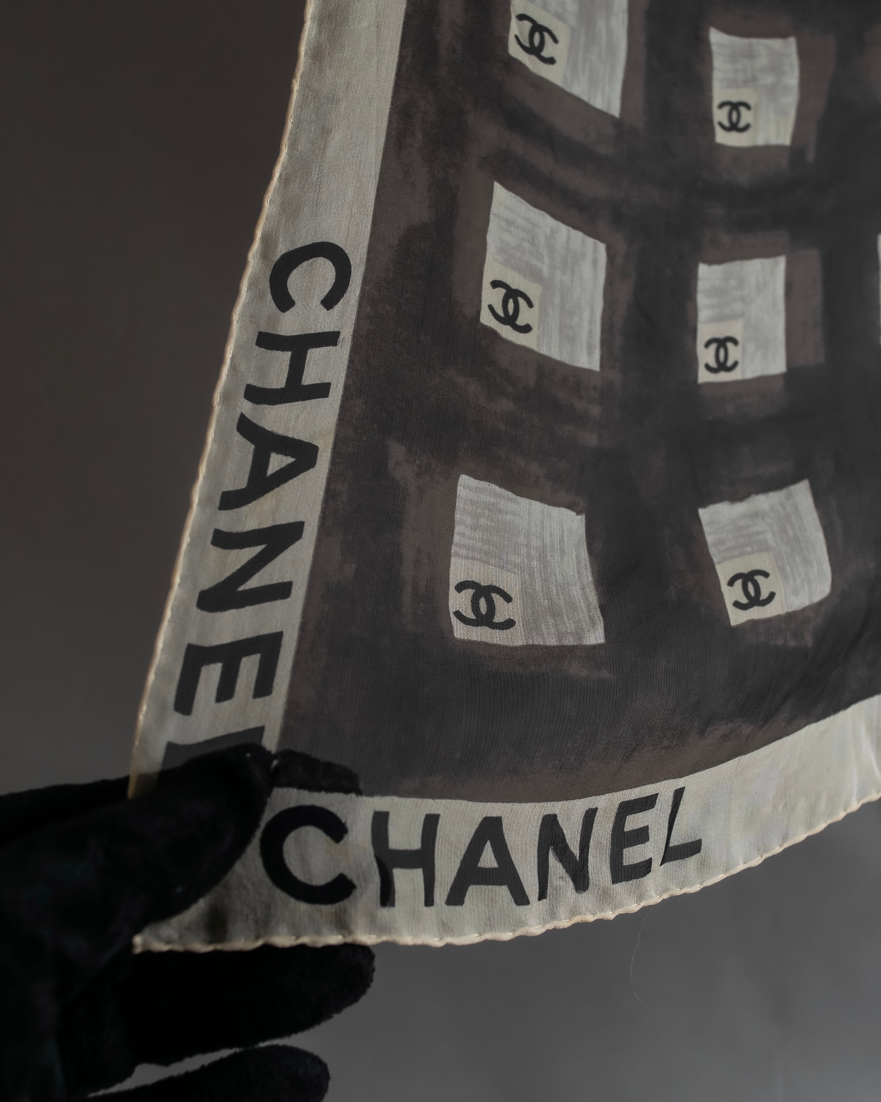 "CHANEL" Coco mark grid pattern silk scarf