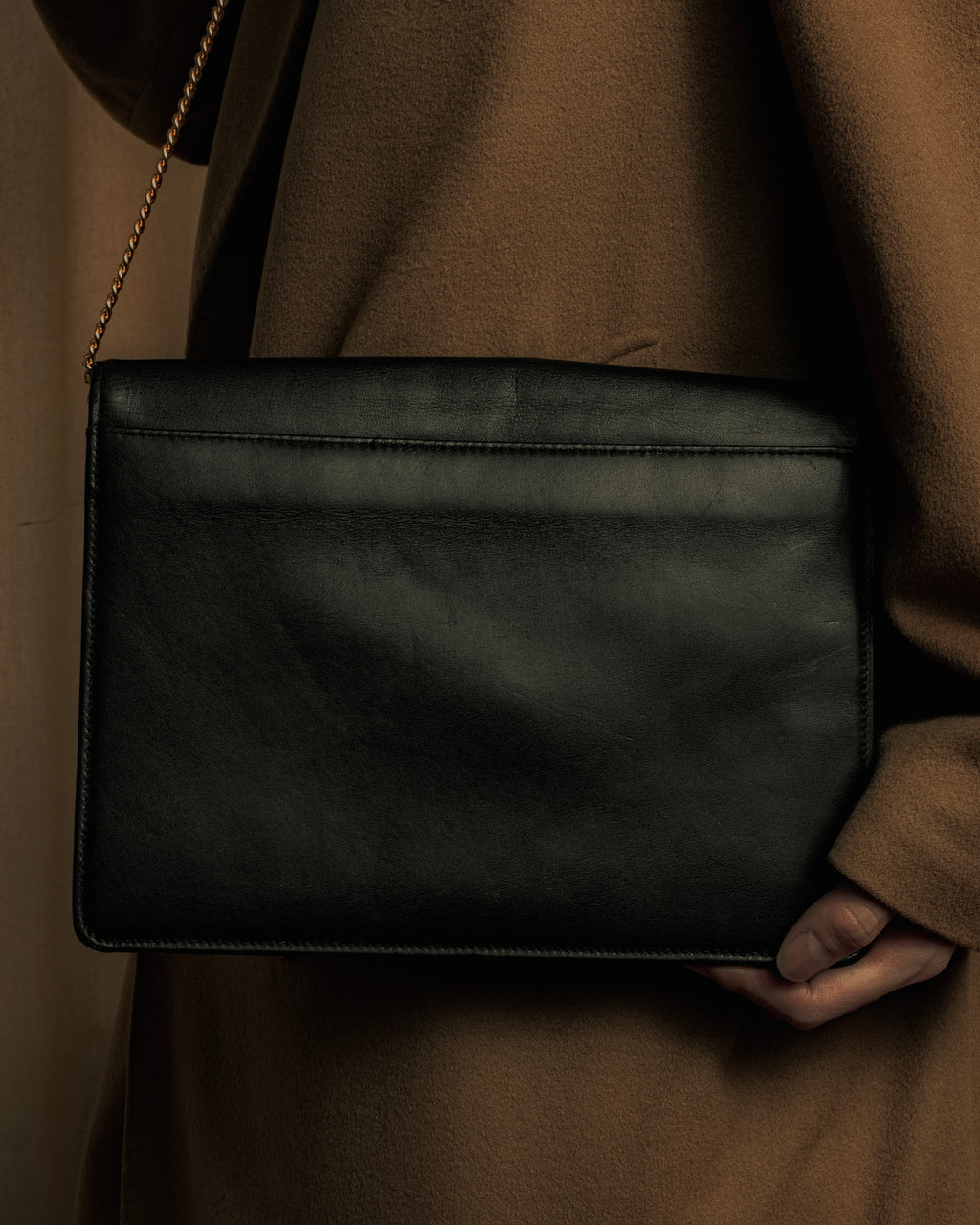 "Christian Dior" 70's-80's Radial drape design gold chain leather shoulder bag