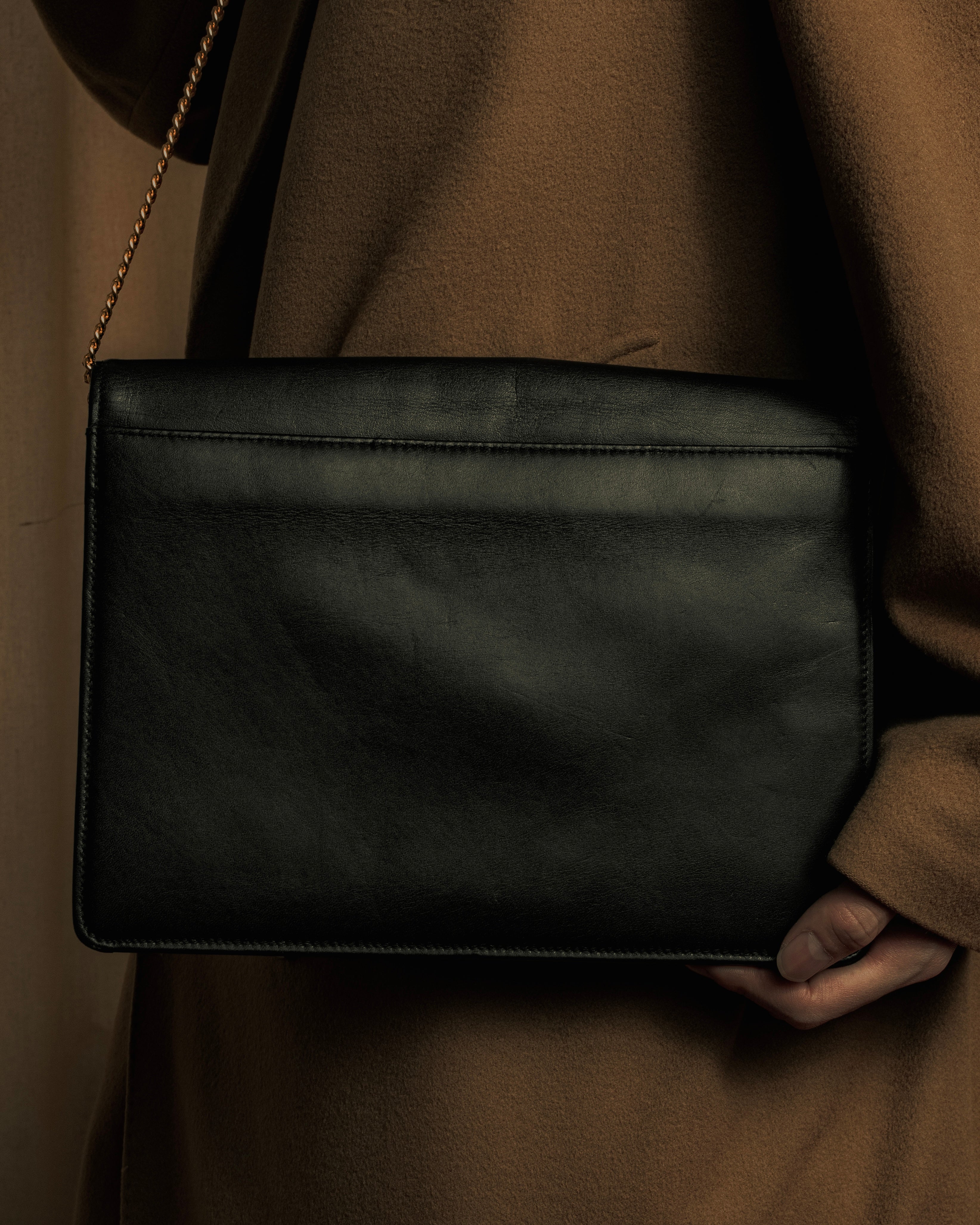 "Christian Dior" 70's-80's Radial drape design gold chain leather shoulder bag