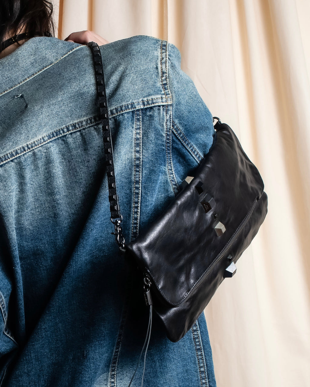 "DIESEL" Silver stud design leather one shoulder bag