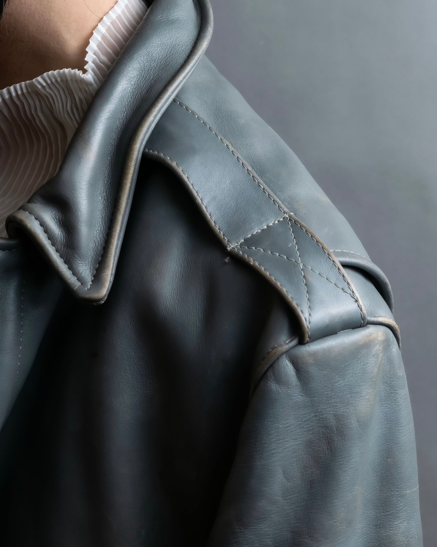 "VANSON" Out pocket design ribbed leather jacket