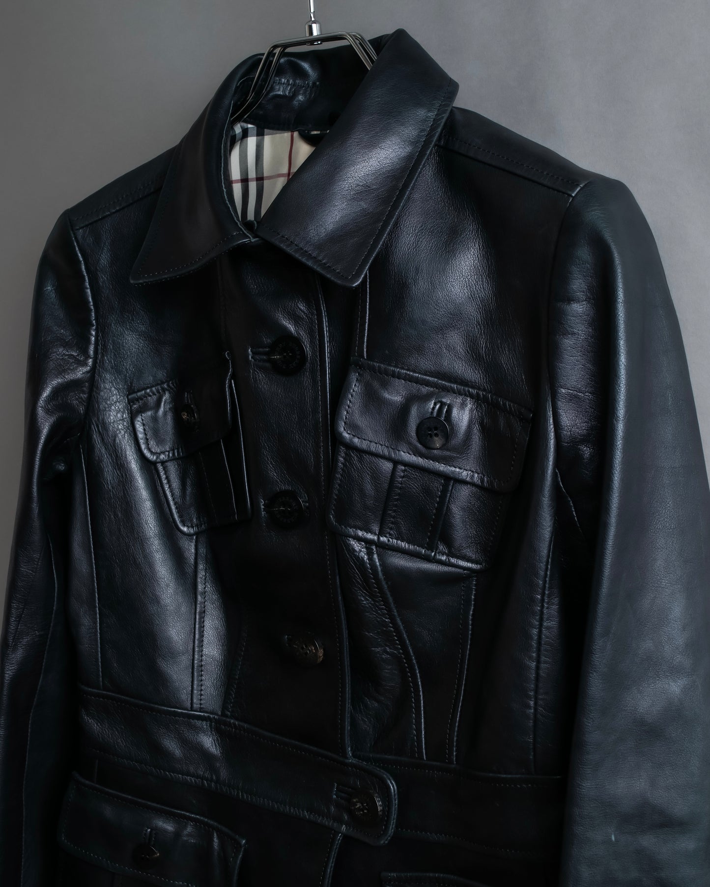 "BURBERRY" 100% cow leather Military pocket details short length jacket