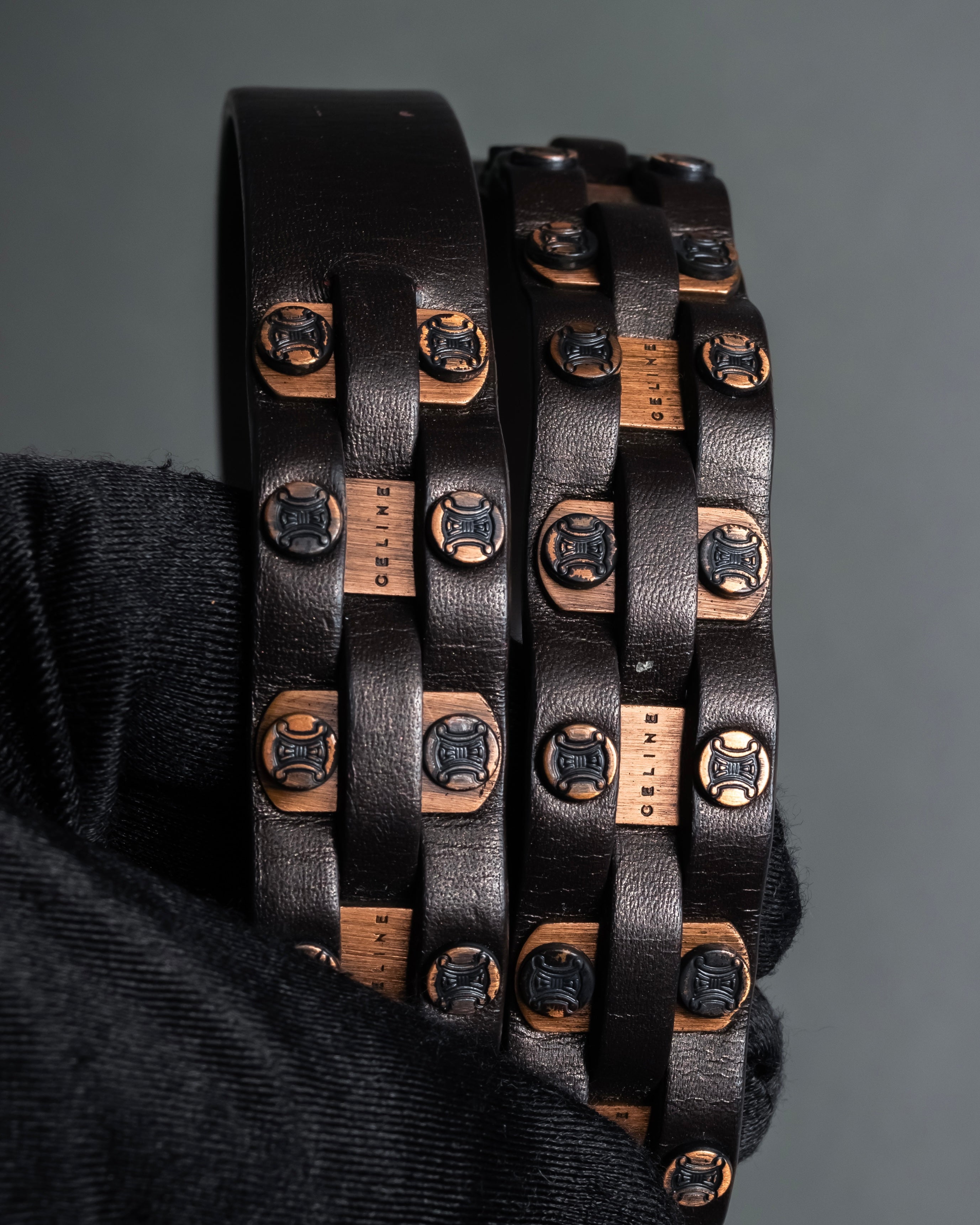 "CELINE" Triomphe motif stud design leather narrow belt