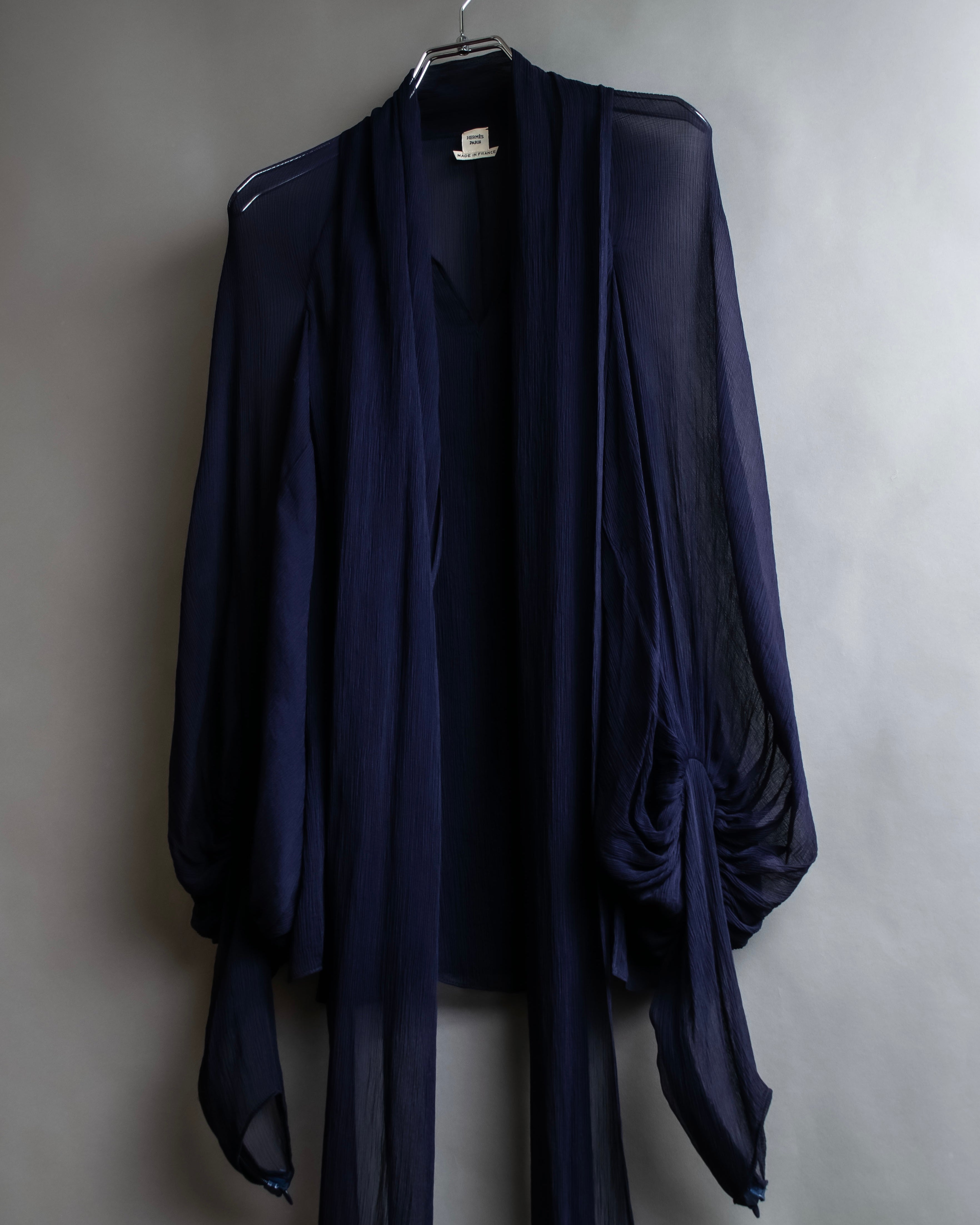 "HERMES" Bowtie detail balloon sleeve sheer pullover