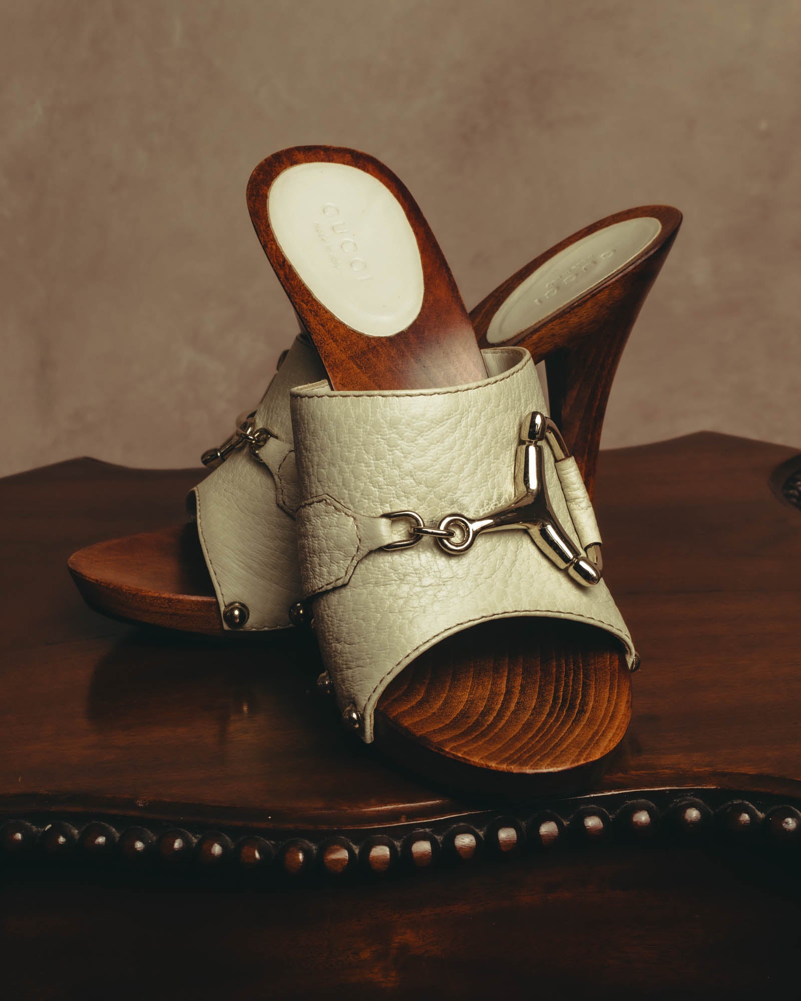 "GUCCI" 90's-00's Horsebit studded wood wedge mule sandals