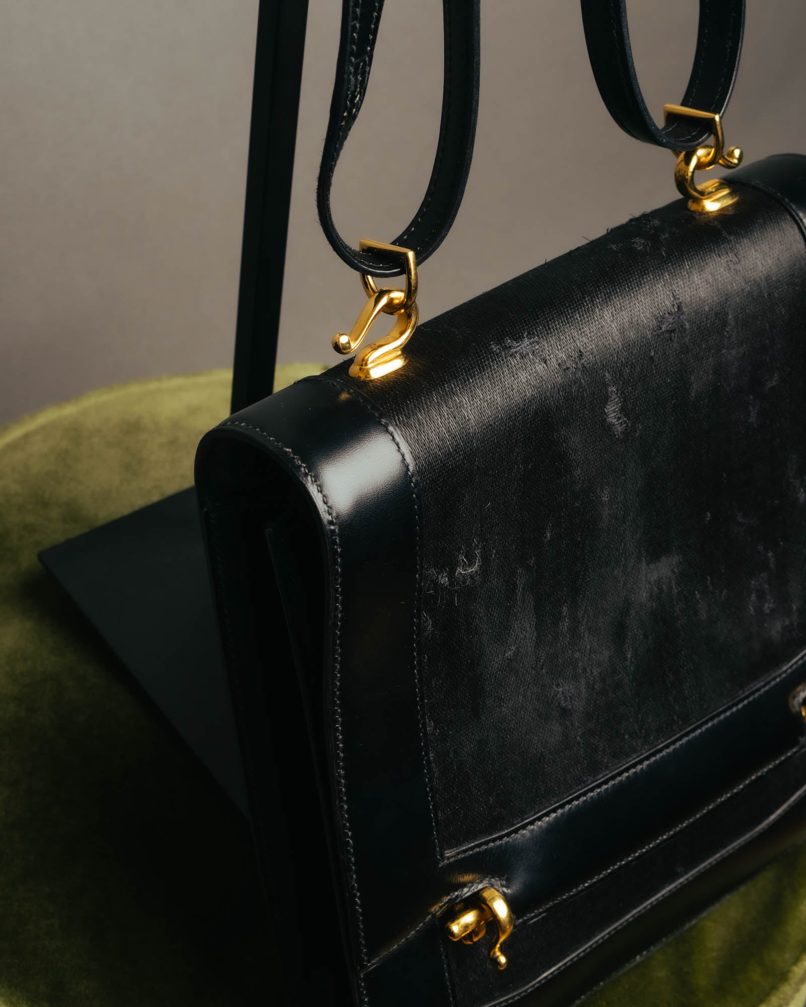 -SPECIAL- “HERMÈS” 80’s-90’s Camargue black leather and canvas shoulder bag