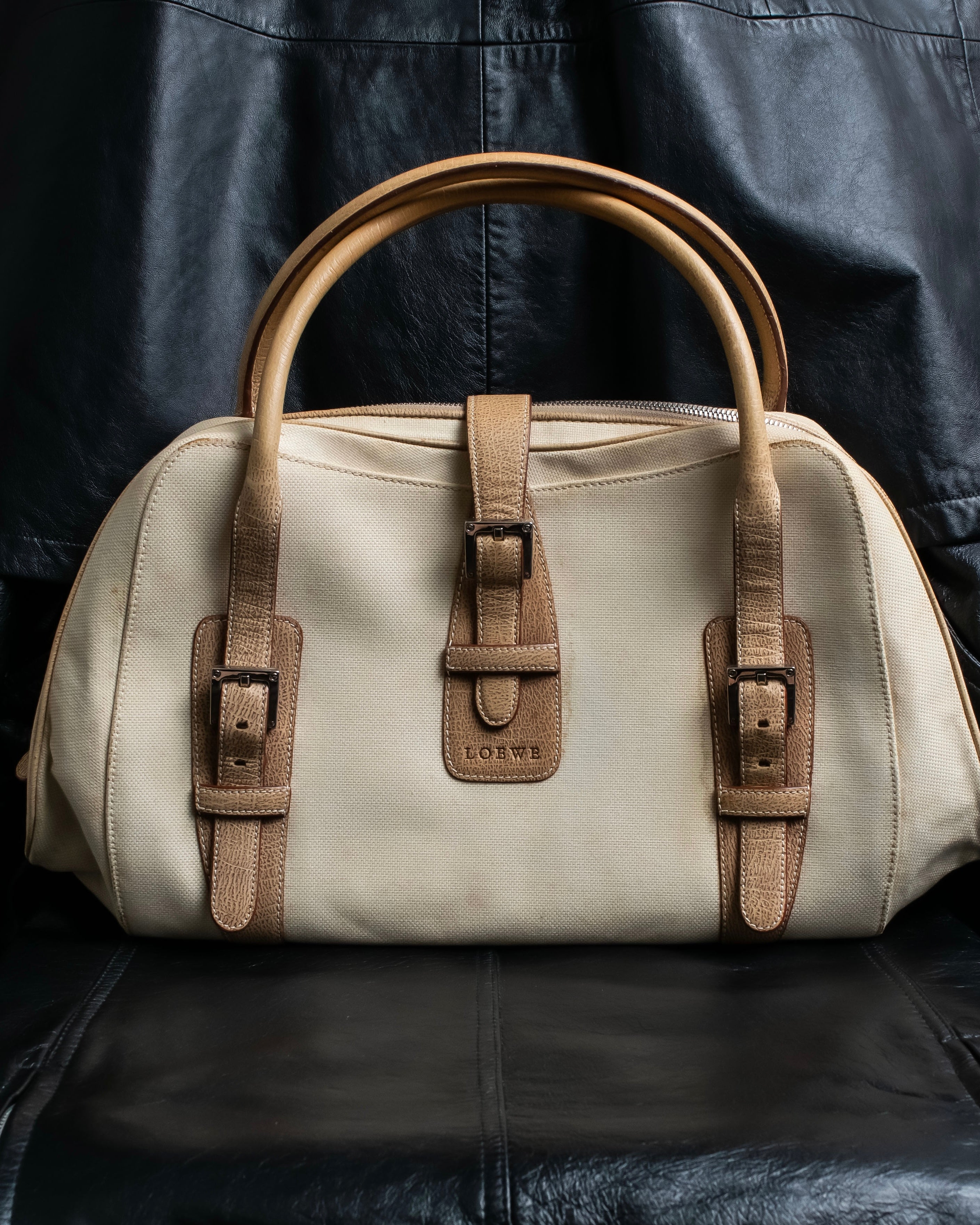 “LOEWE” Leather belted design bicolor handbag