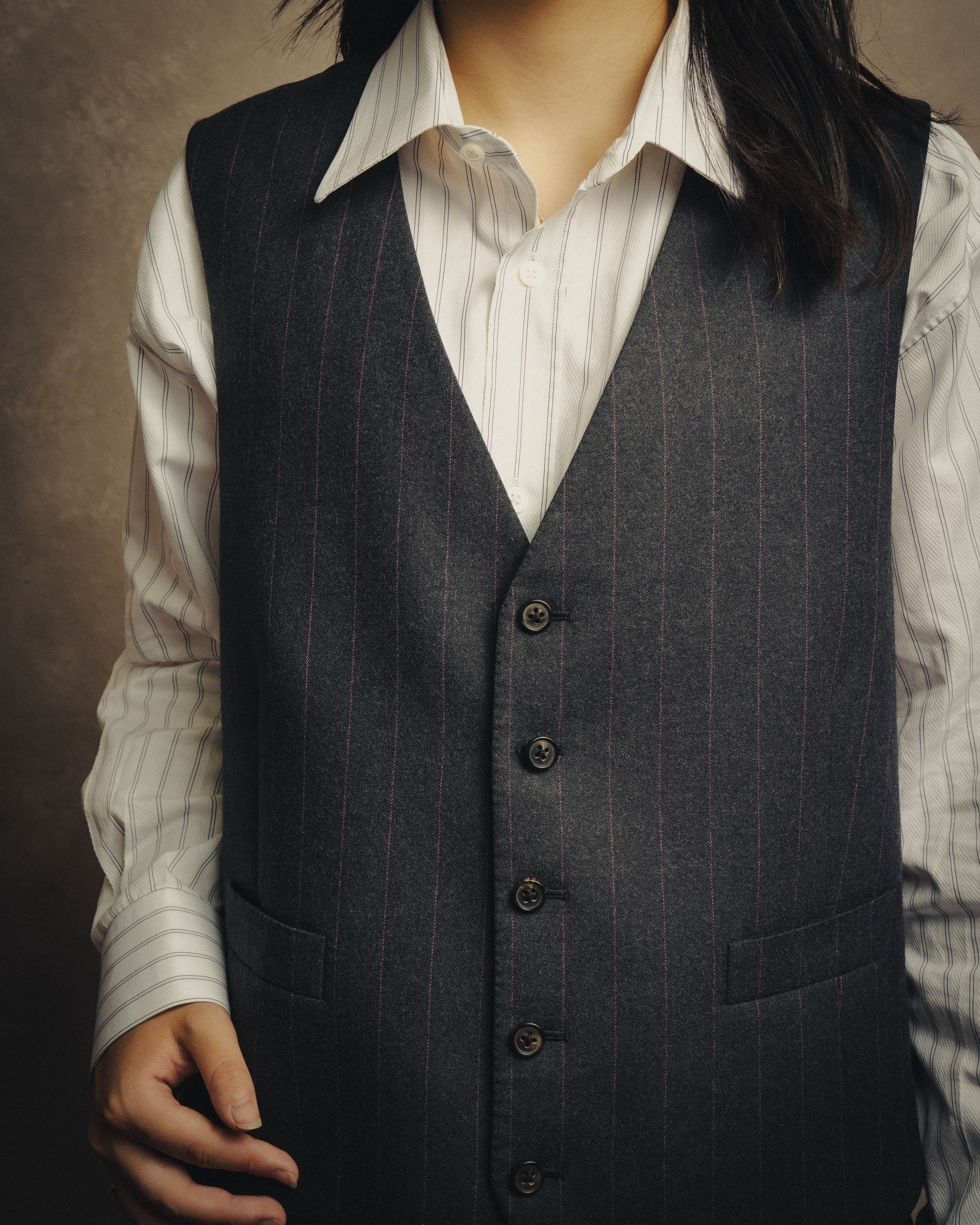 -SPECIAL- “HERMES” 2007-2009 Super 100s pinstripe tailored long gilet