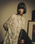 -SPECIAL- "CHANEL" 10's-20's Embellished floral lace and pearl check oversized shirt