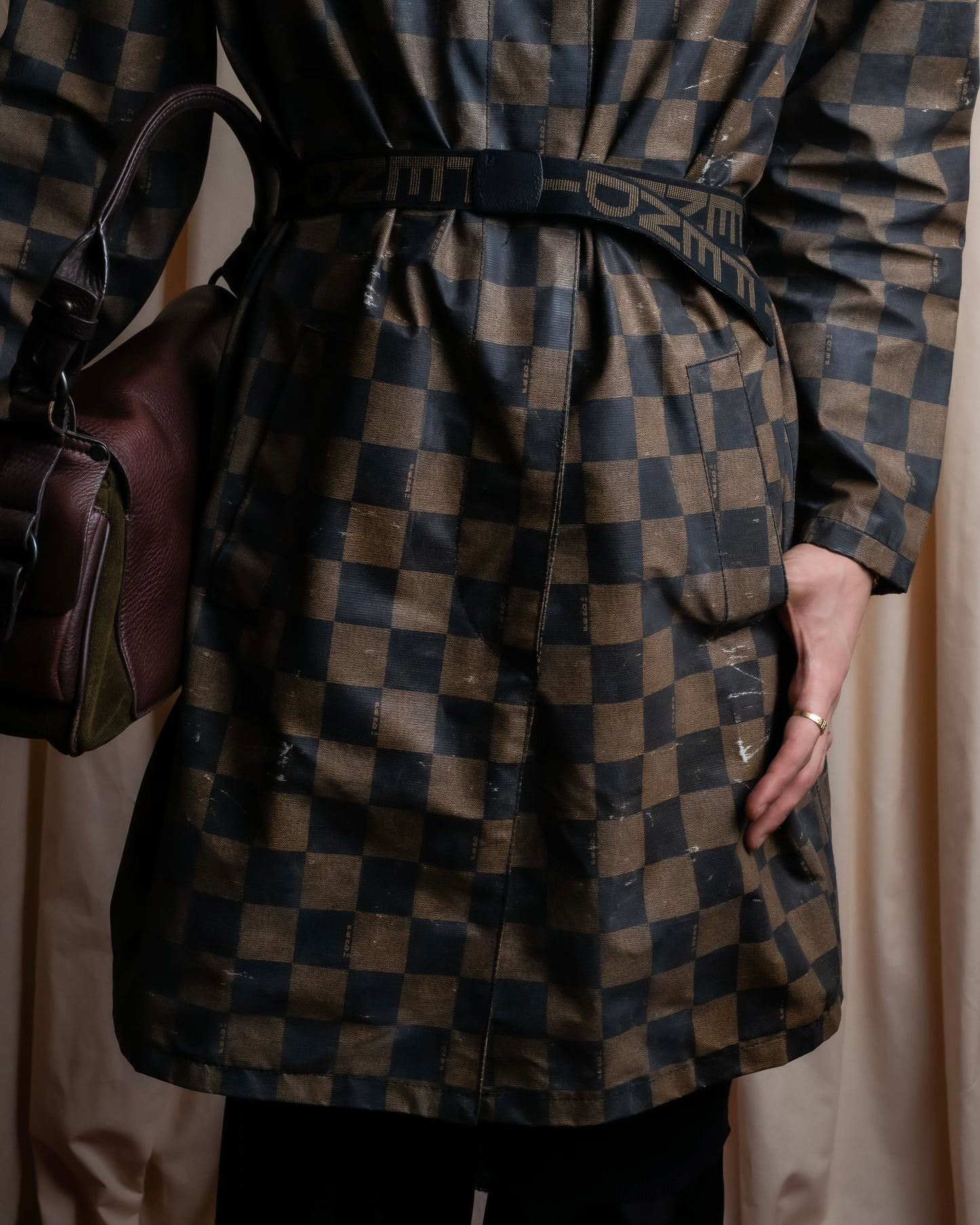 "FENDI" Pecan checkered belted mid length coat