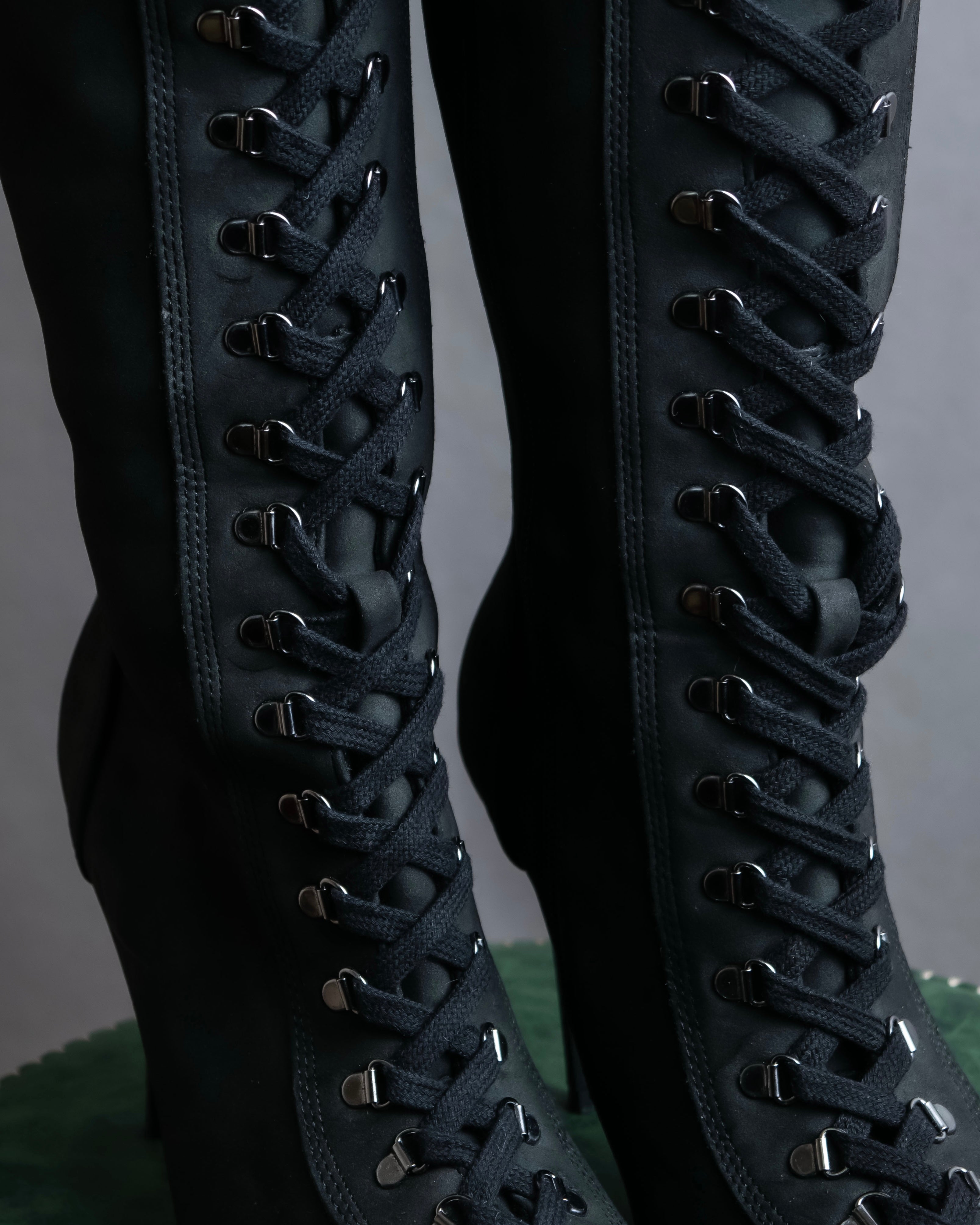 "YELLO" Lace up suede like stiletto heel knee-high boots