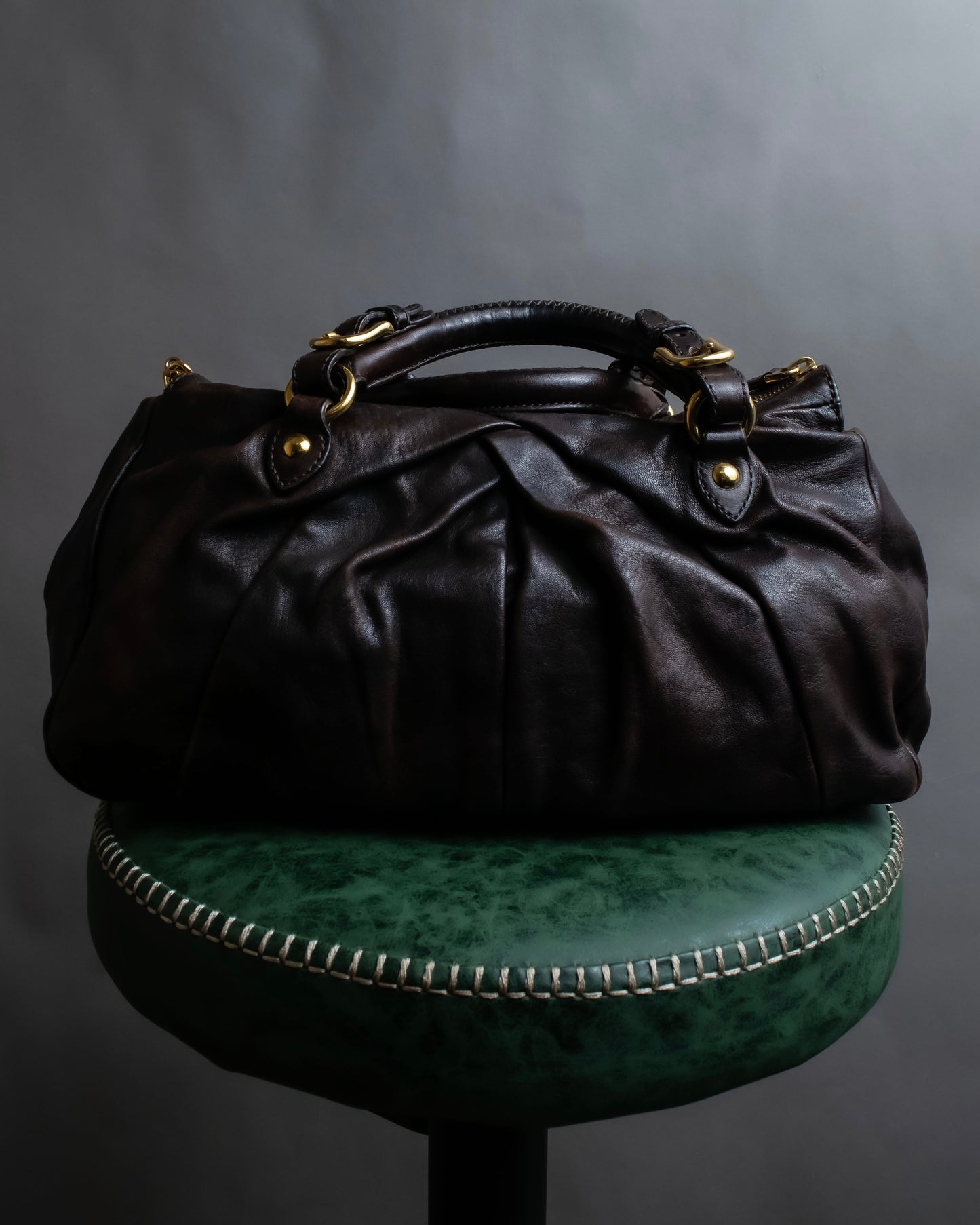 "MIU MIU" Pleated detail rounded boston grained leather 2way bag