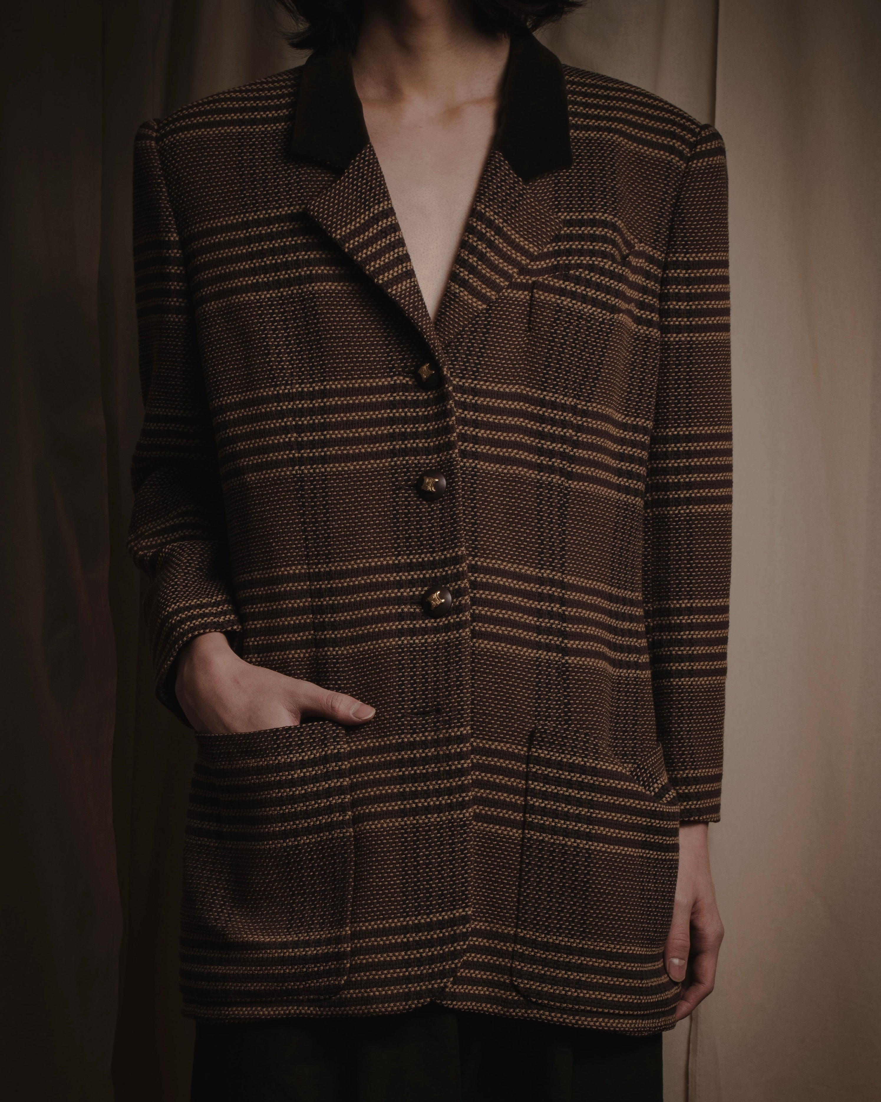 "CELINE" Late 80s–Early 90s velvet-collar woven jacket