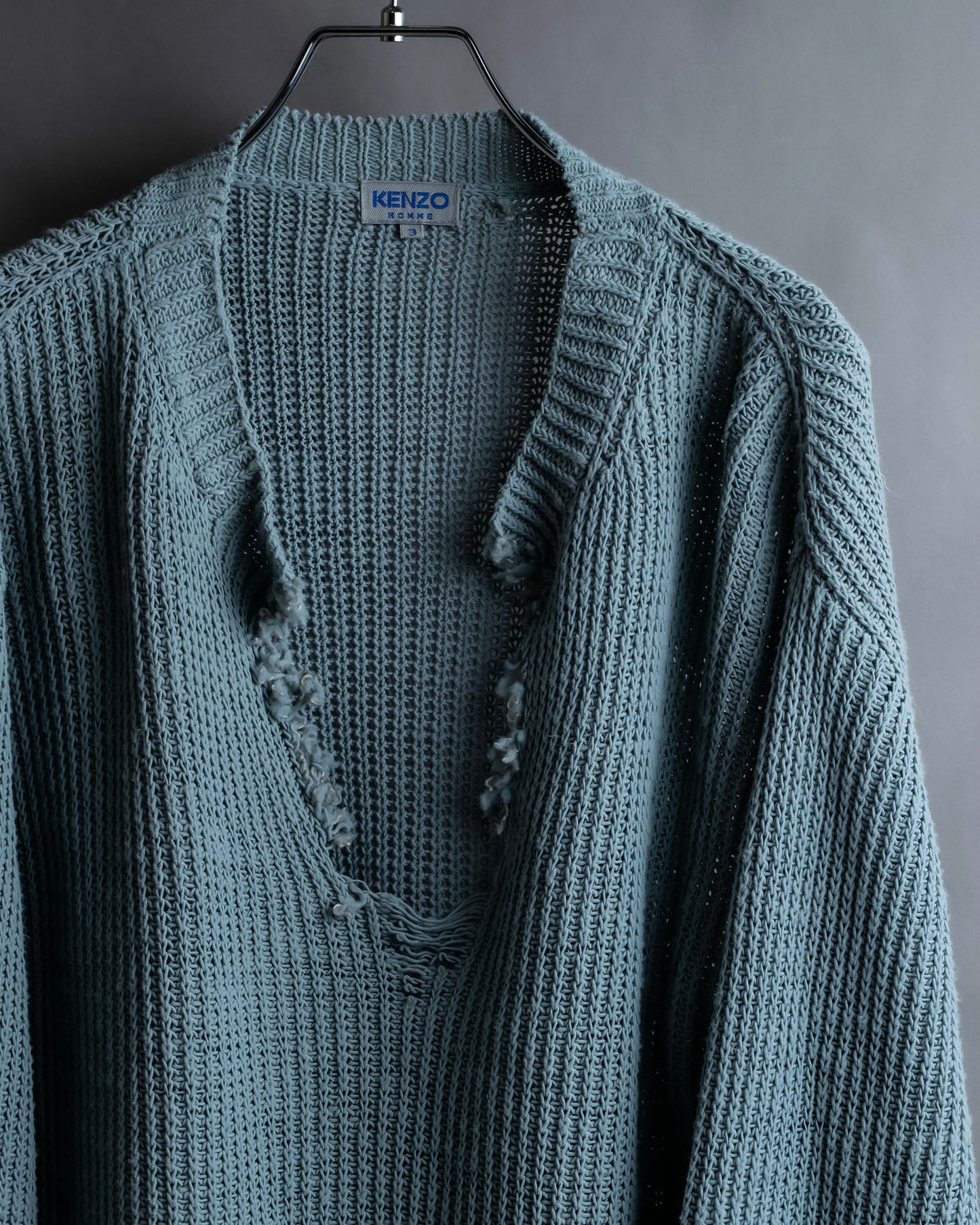 "KENZO" Dull blue oversized distressed V-neck knit