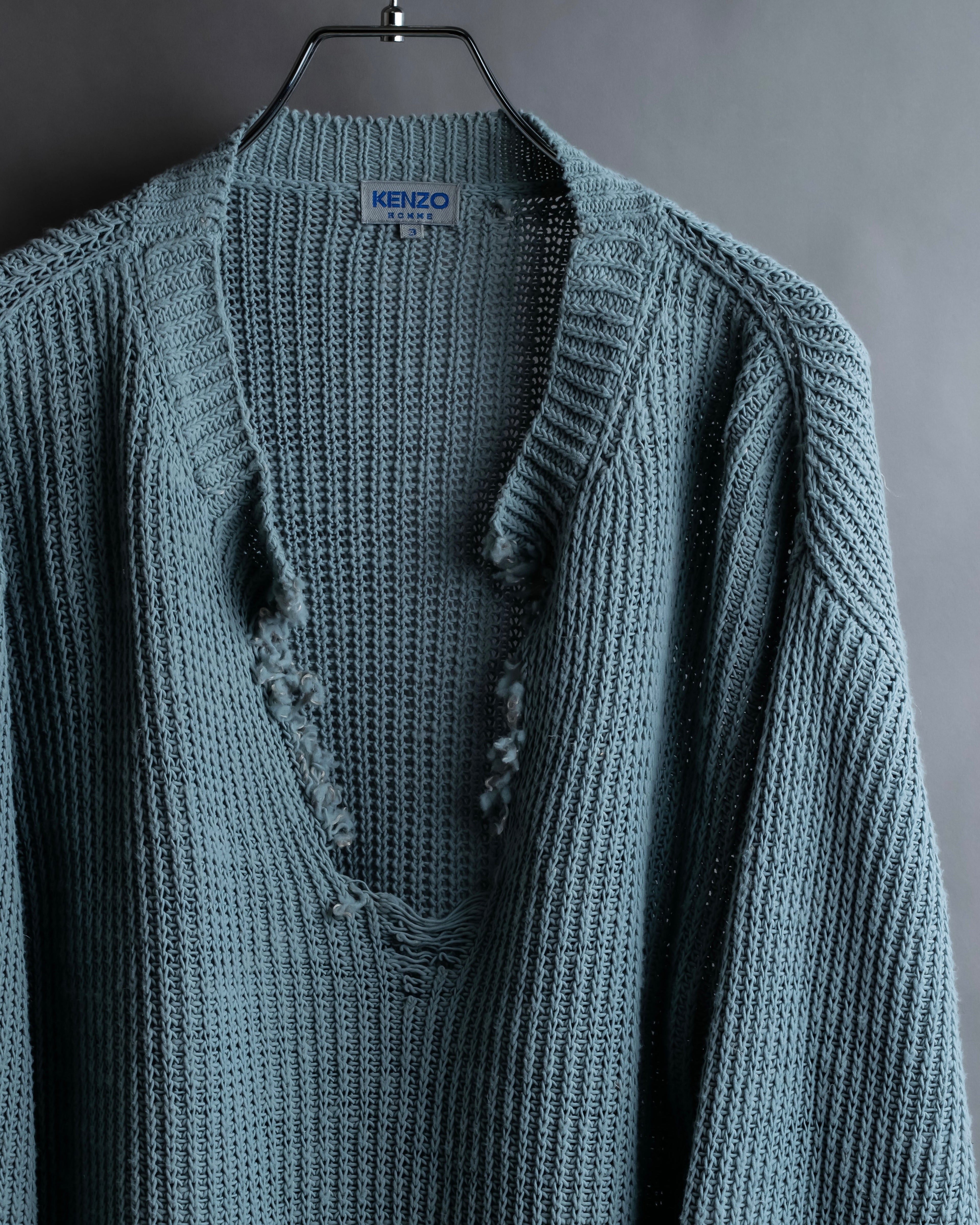 "KENZO" Dull blue oversized distressed V-neck knit