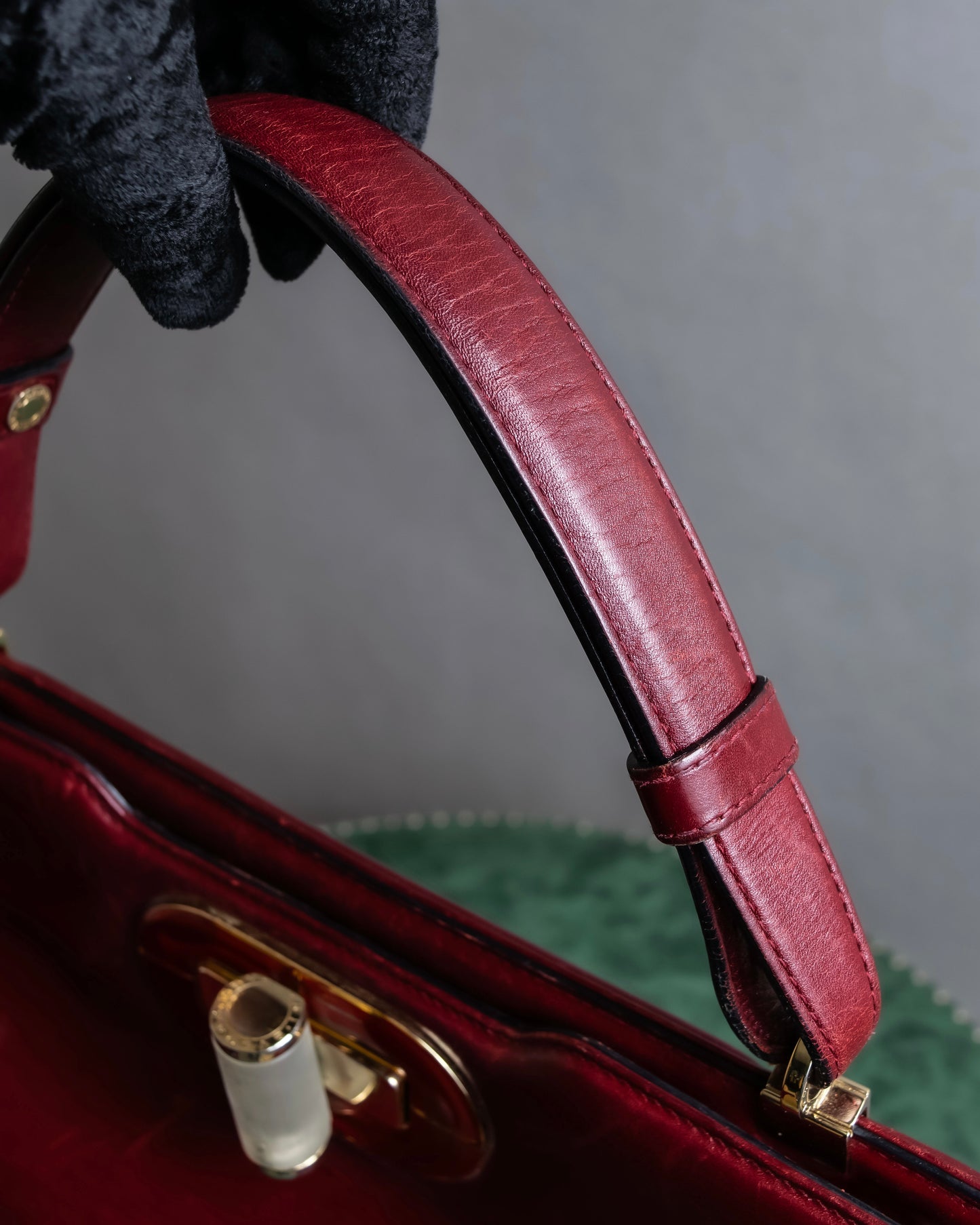 "BVLGARI" Marble motif burgundy color leather shoulder bag