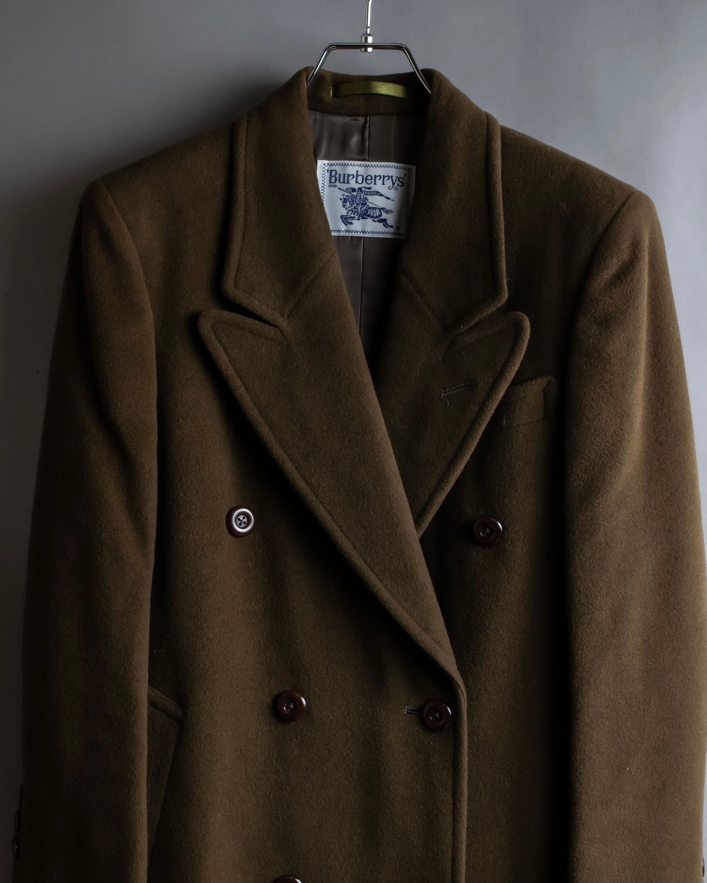 "BURBERRYS" Peaked lapels double breasted olive brown coat