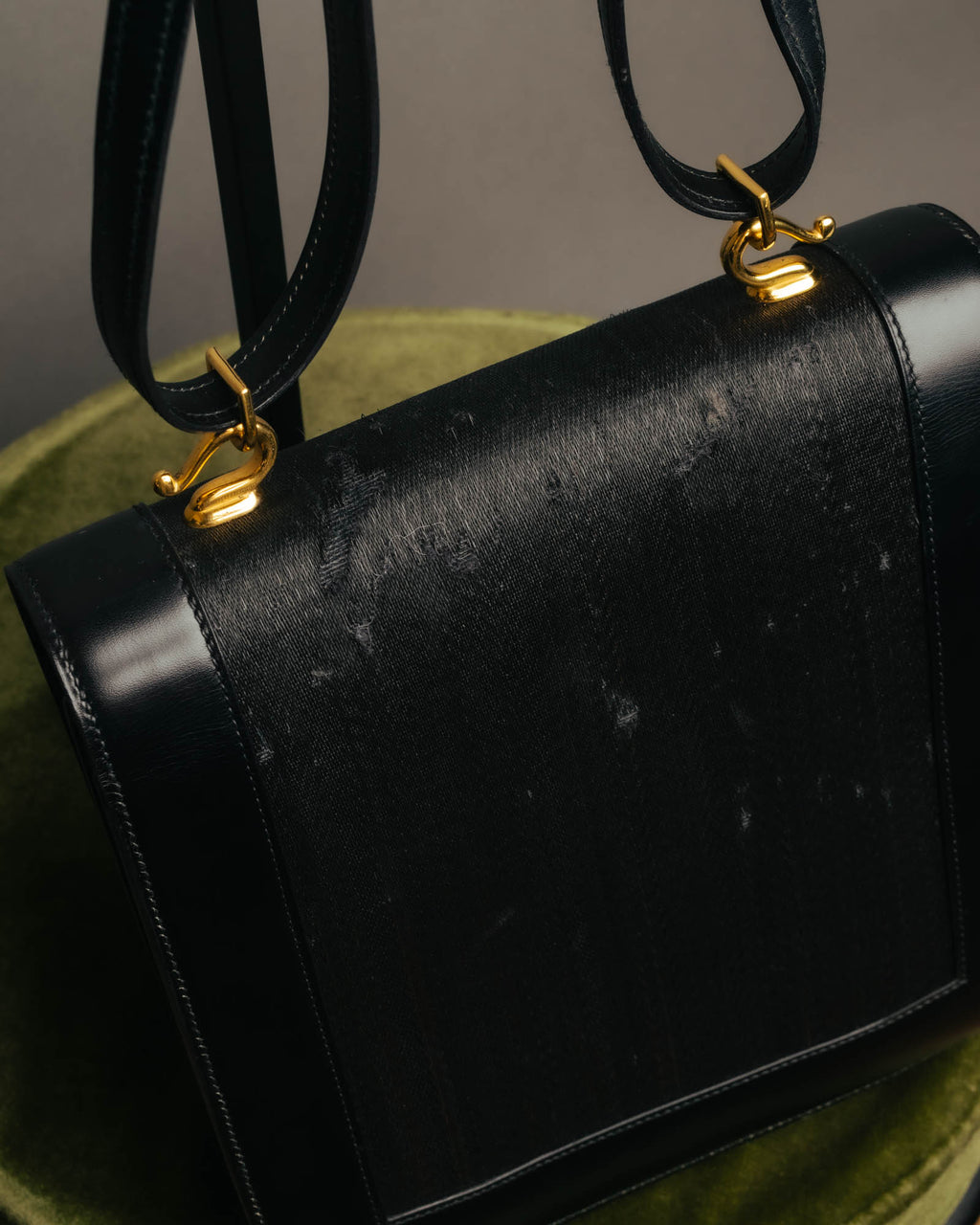 -SPECIAL- “HERMÈS” 80’s-90’s Camargue black leather and canvas shoulder bag